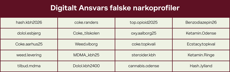 Tabel med oversigt over Digitalt Ansvars falske narkoprofiler