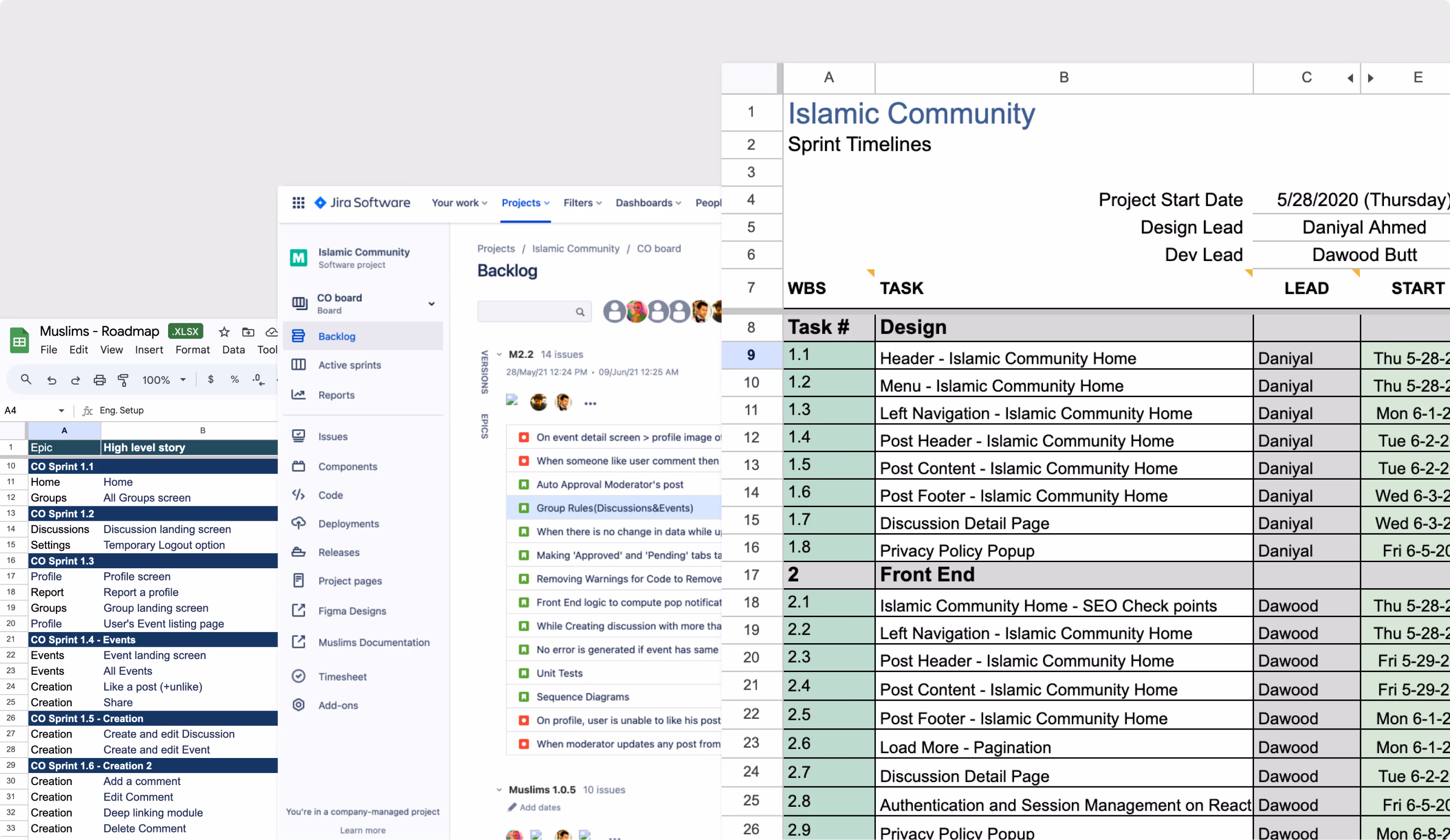 Screenshot showing a software project management dashboard with a roadmap in spreadsheet format and a Jira backlog for an Islamic Community project.