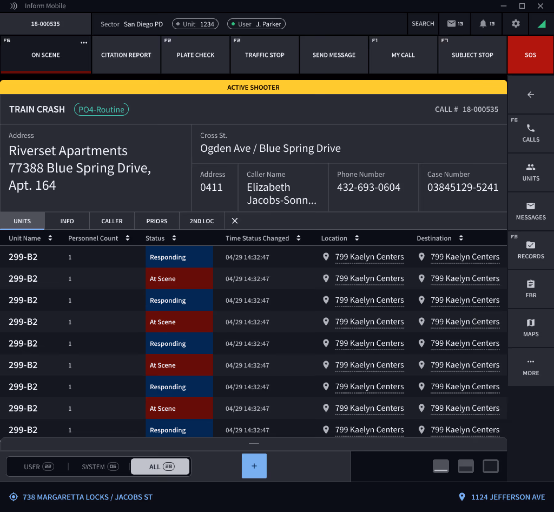 Emergency response dashboard showing train crash incident at Riverset Apartments with unit status alternating between Responding and At Scene at 799 Kaelyn Centers.
