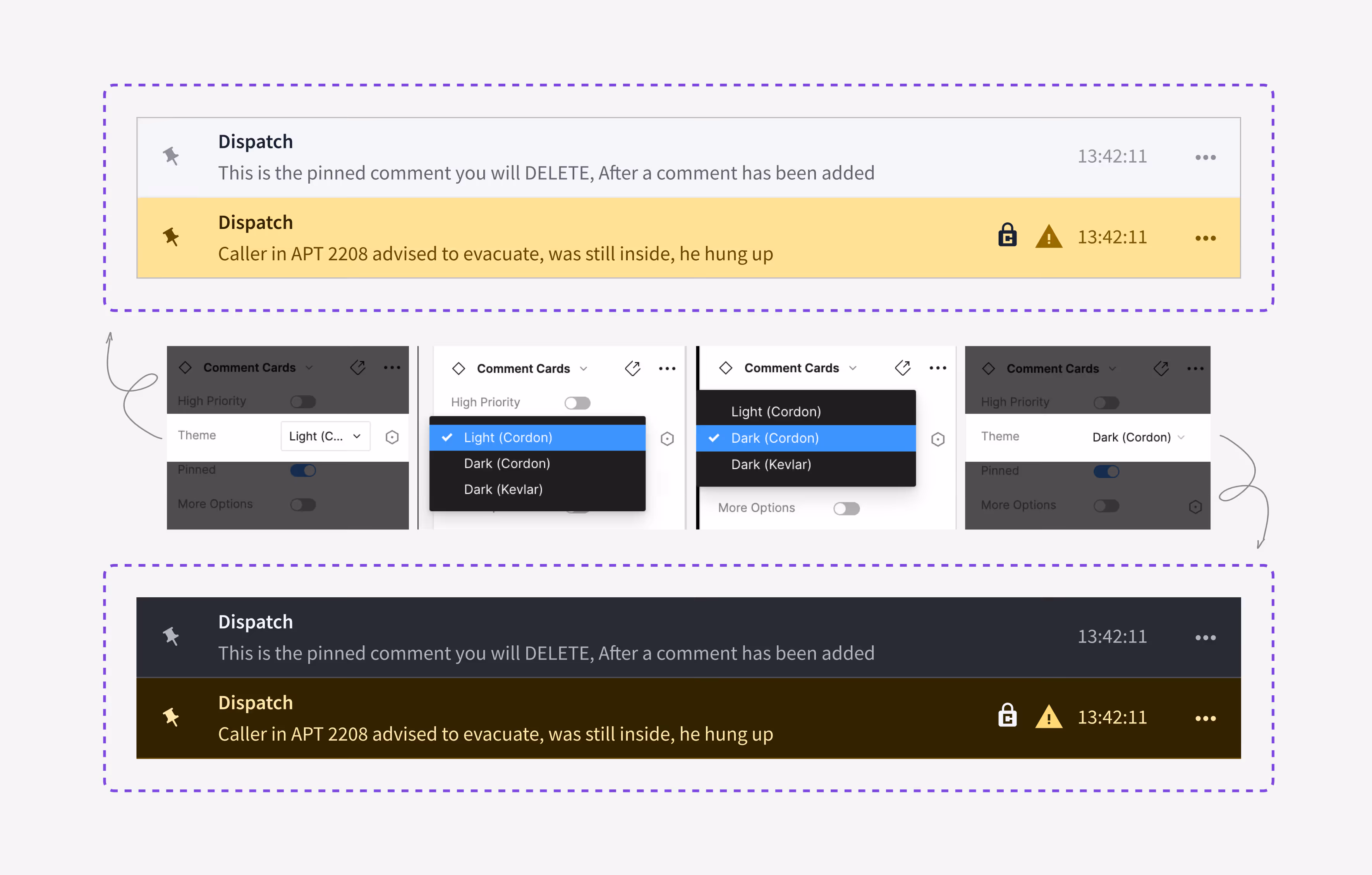 Comparison of light and dark comment card themes showing pinned comments with dispatch messages, including icons for lock, warning, and timestamps.