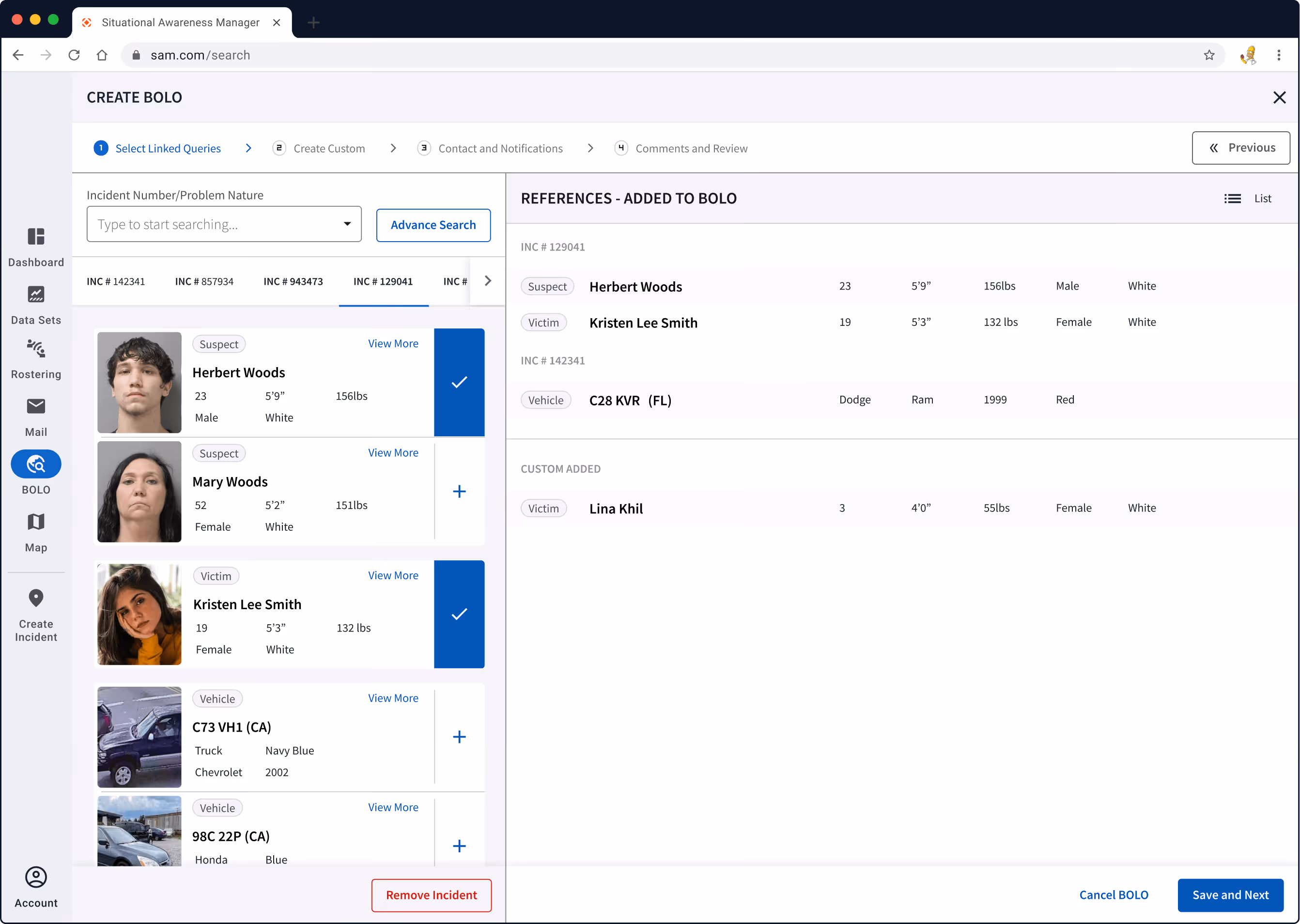 User interface of Situational Awareness Manager showing CREATE BOLO screen with list of suspects, victims, and vehicles, including Herbert Woods and Kristen Lee Smith, with incident details and options to add or remove incidents.