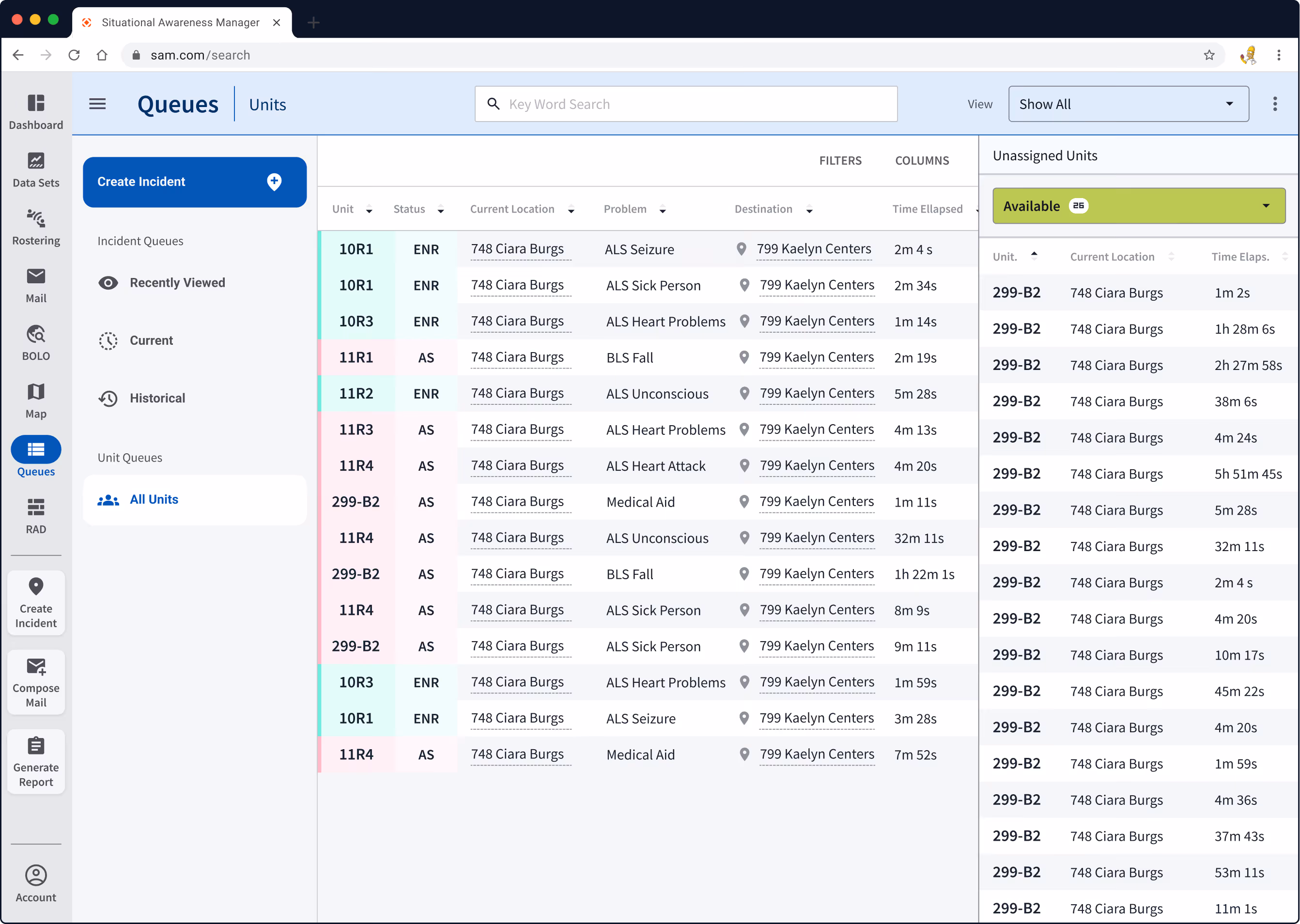 Dashboard view of Situational Awareness Manager showing queues of units with columns for unit, status, current location, problem, destination, and time elapsed, plus an unassigned units list with similar columns.