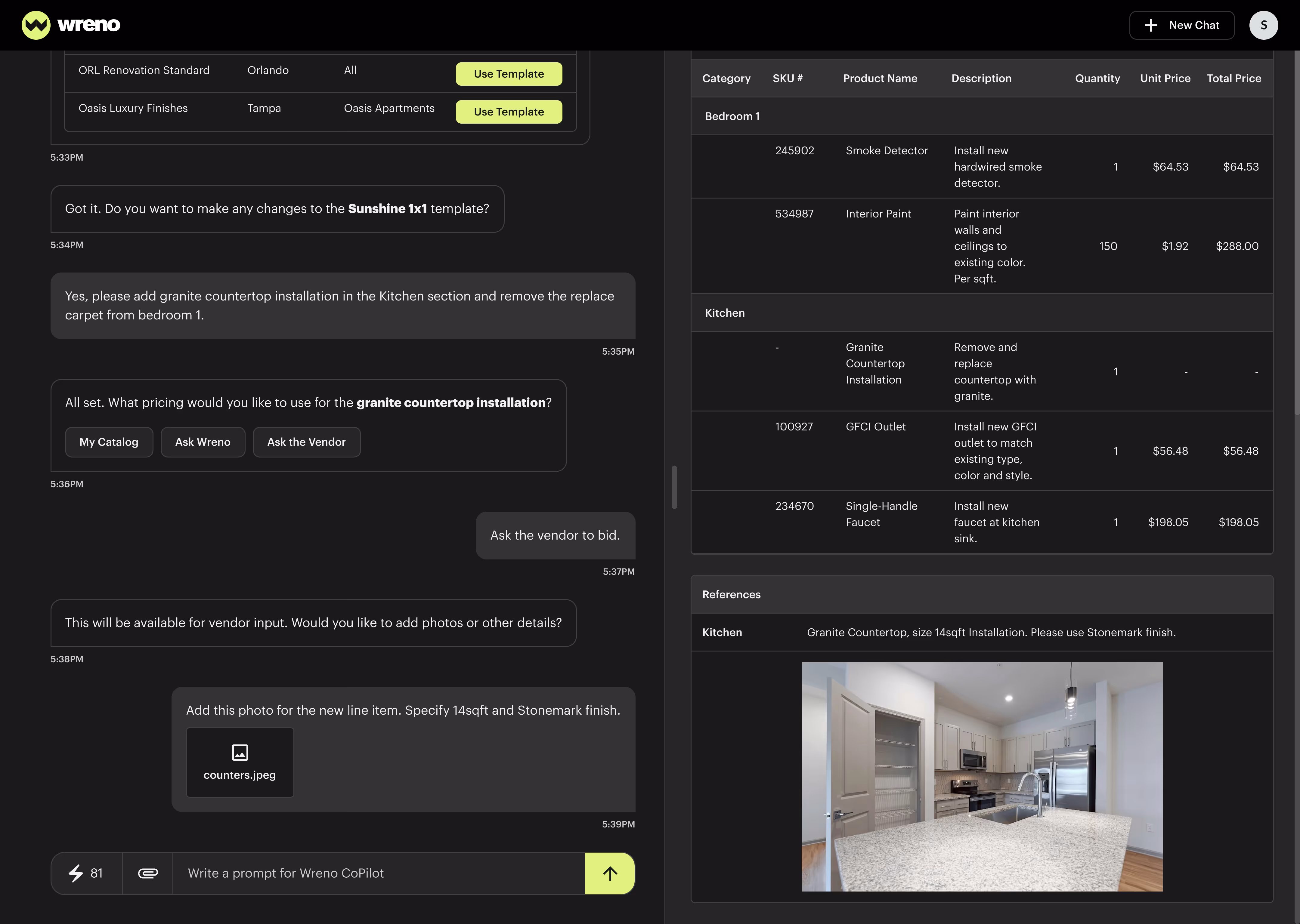 Screenshot of Wreno app displaying a chat about editing a renovation scope of work and a detailed product list for Bedroom 1 and Kitchen including granite countertop installation with photo of a modern kitchen featuring granite countertops.
