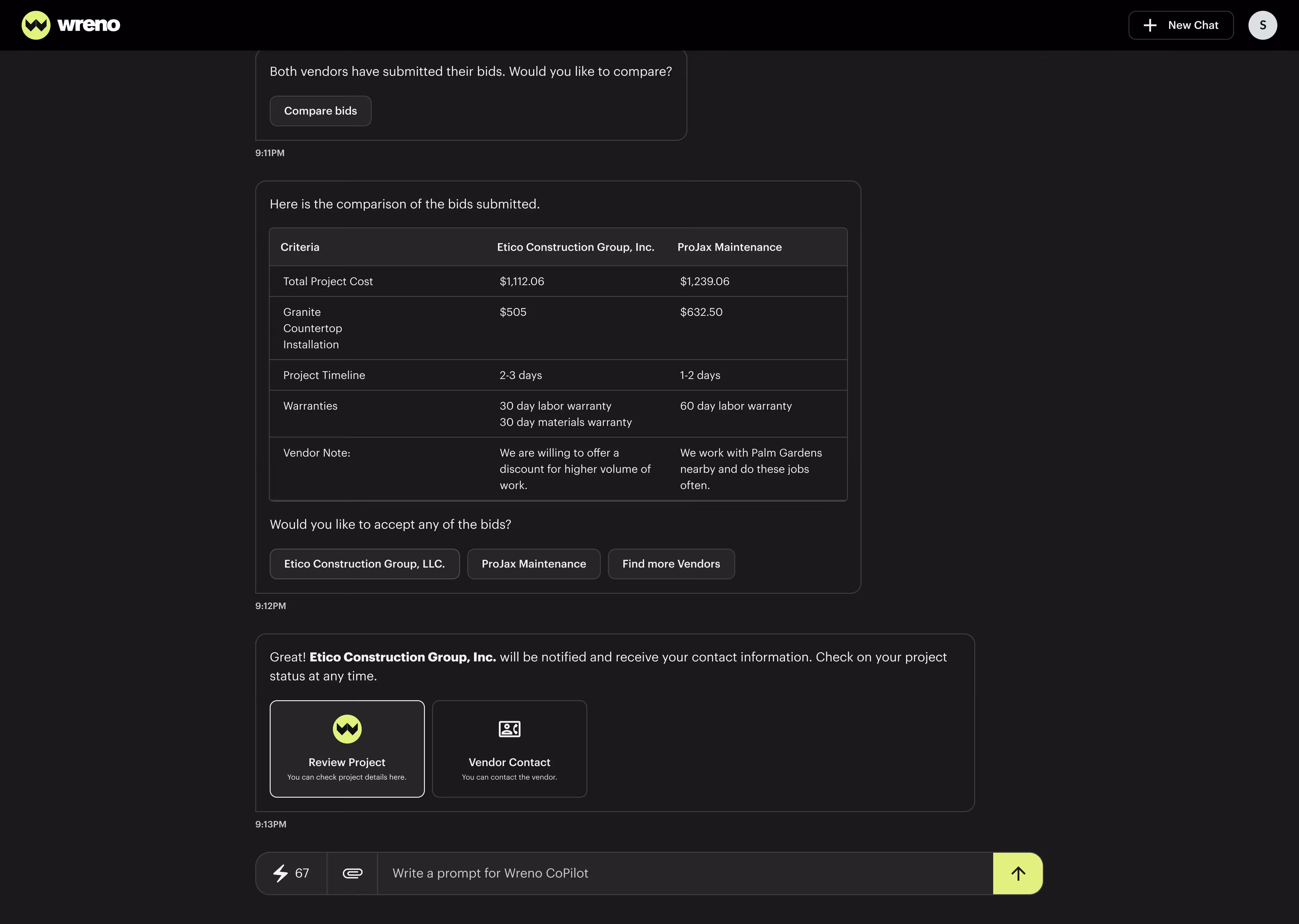 Chat interface showing bid comparison table between Etico Construction Group, Inc. and ProJax Maintenance with project costs, timeline, warranties, and vendor notes, along with options to accept bids and review project or contact vendor.