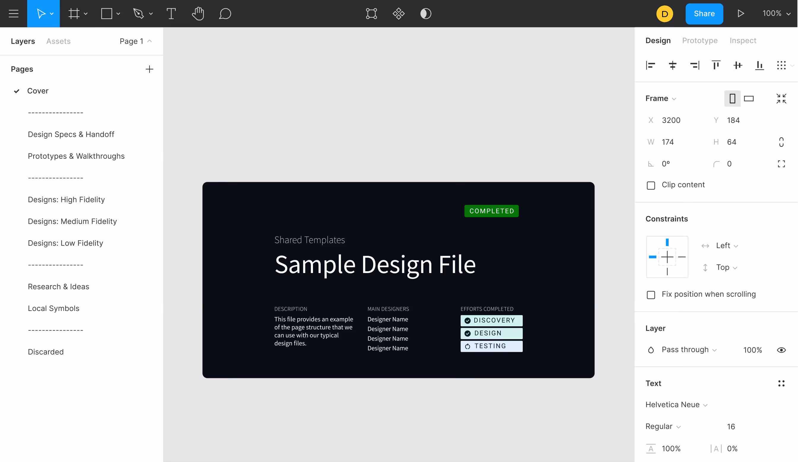 Design software interface showing a Sample Design File with sections for description, main designers, and completed efforts labeled Discovery, Design, and Testing.