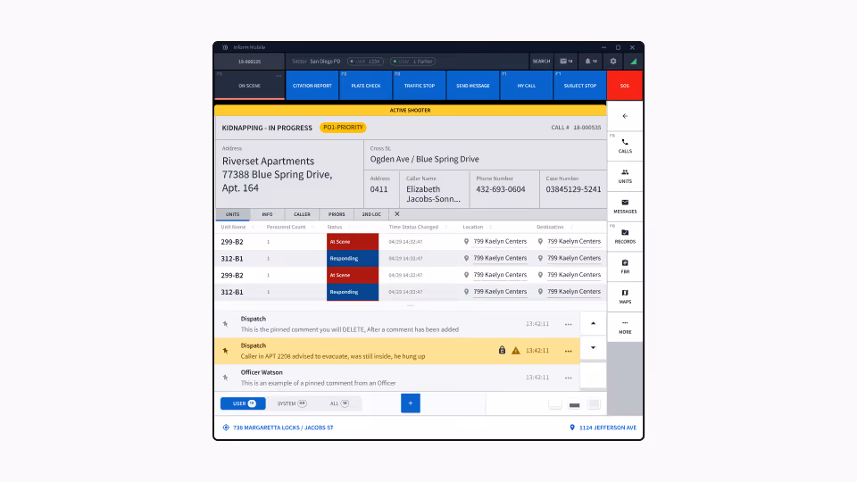 User interface of emergency response software showing active shooter and kidnapping in progress, with unit status and dispatch comments.