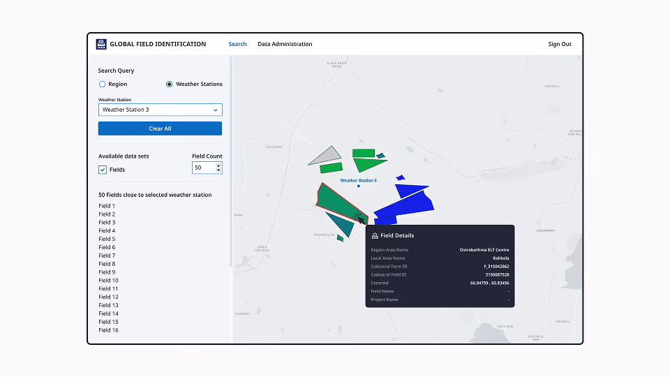 Interface of Global Field Identification showing a map with colored fields near Weather Station 3 and a pop-up detailing the Ostrobothnia ELT Centre region and cadastral information.
