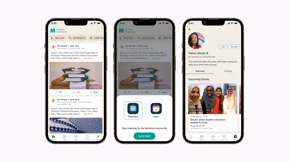 Three smartphones showing a Muslim community app with posts, discussion and event creation options, and a profile with upcoming events.