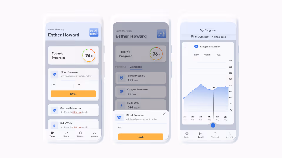 Three smartphone screens displaying a health app interface showing today's progress with blood pressure, oxygen saturation, and daily walk steps, including input fields, a progress chart, and navigation icons.