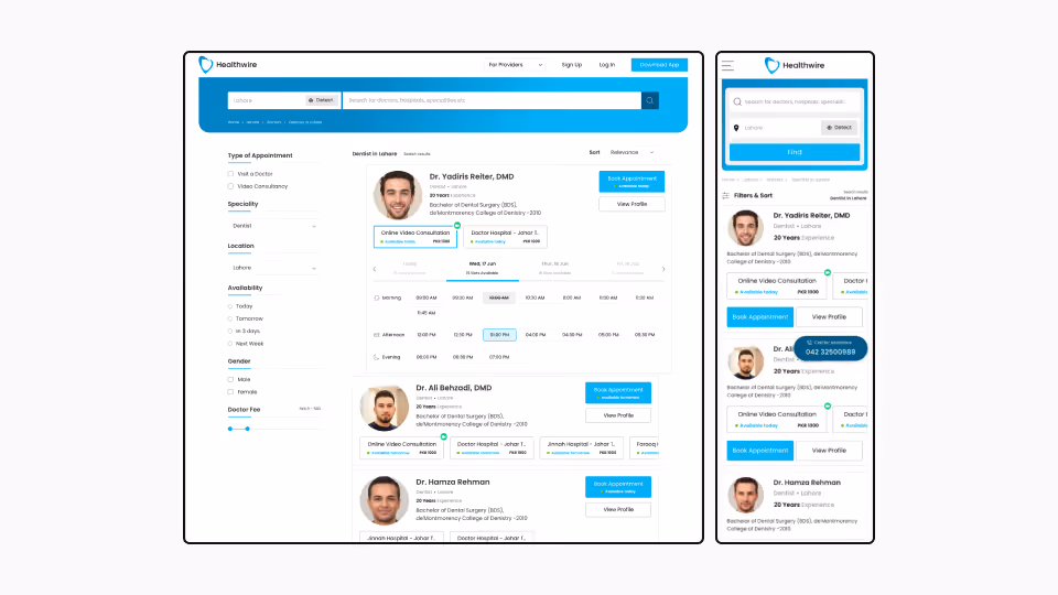 Desktop and mobile view of Healthwire app showing dentist search results with profiles, appointment types, filters by specialty, location, availability, and gender, with options to book appointments or view profiles.