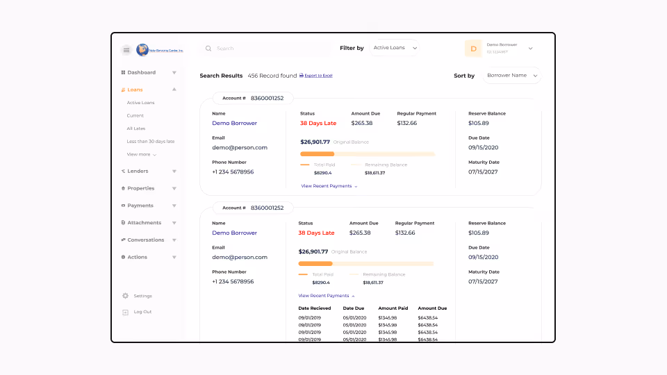 Loan management dashboard screen showing active loans with borrower details, status marked 38 days late, amounts due, payments, reserve balance, due and maturity dates.