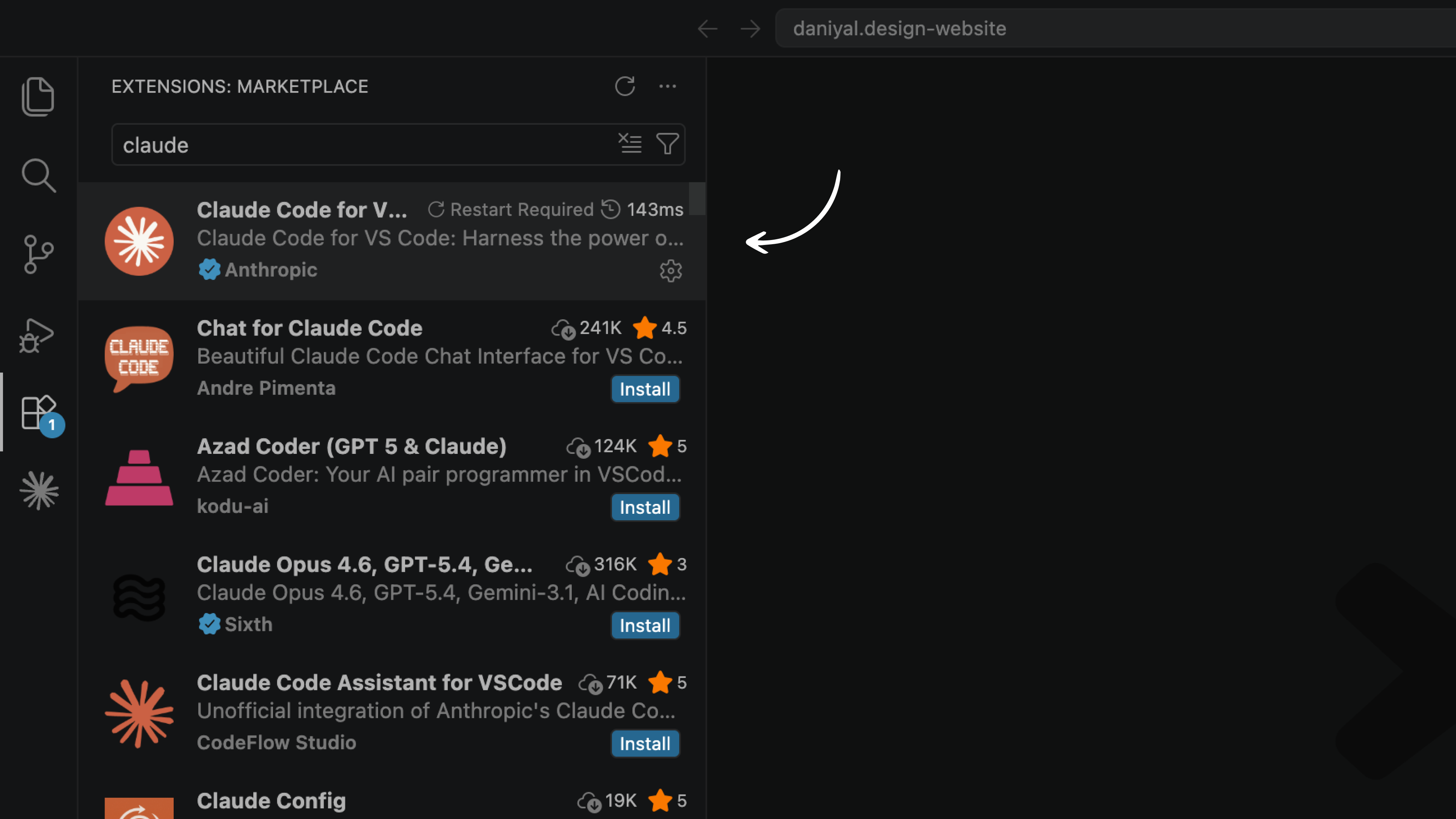 VS Code Extensions panel with the official Claude Code extension by Anthropic highlighted in the search results.
