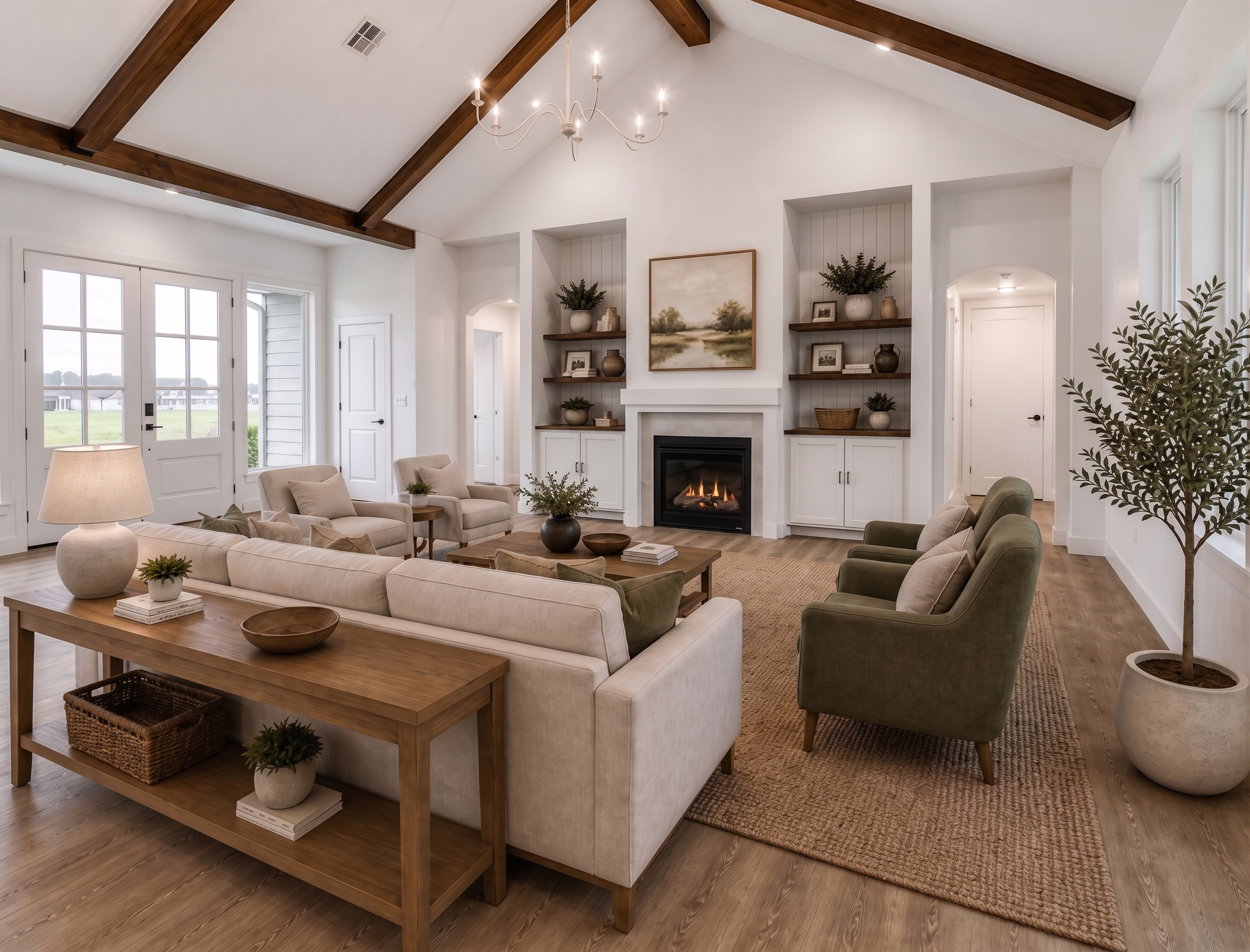 Open-concept living room with vaulted ceiling, exposed wood beams and Low-E windows in an energy-efficient Oklahoma custom home
