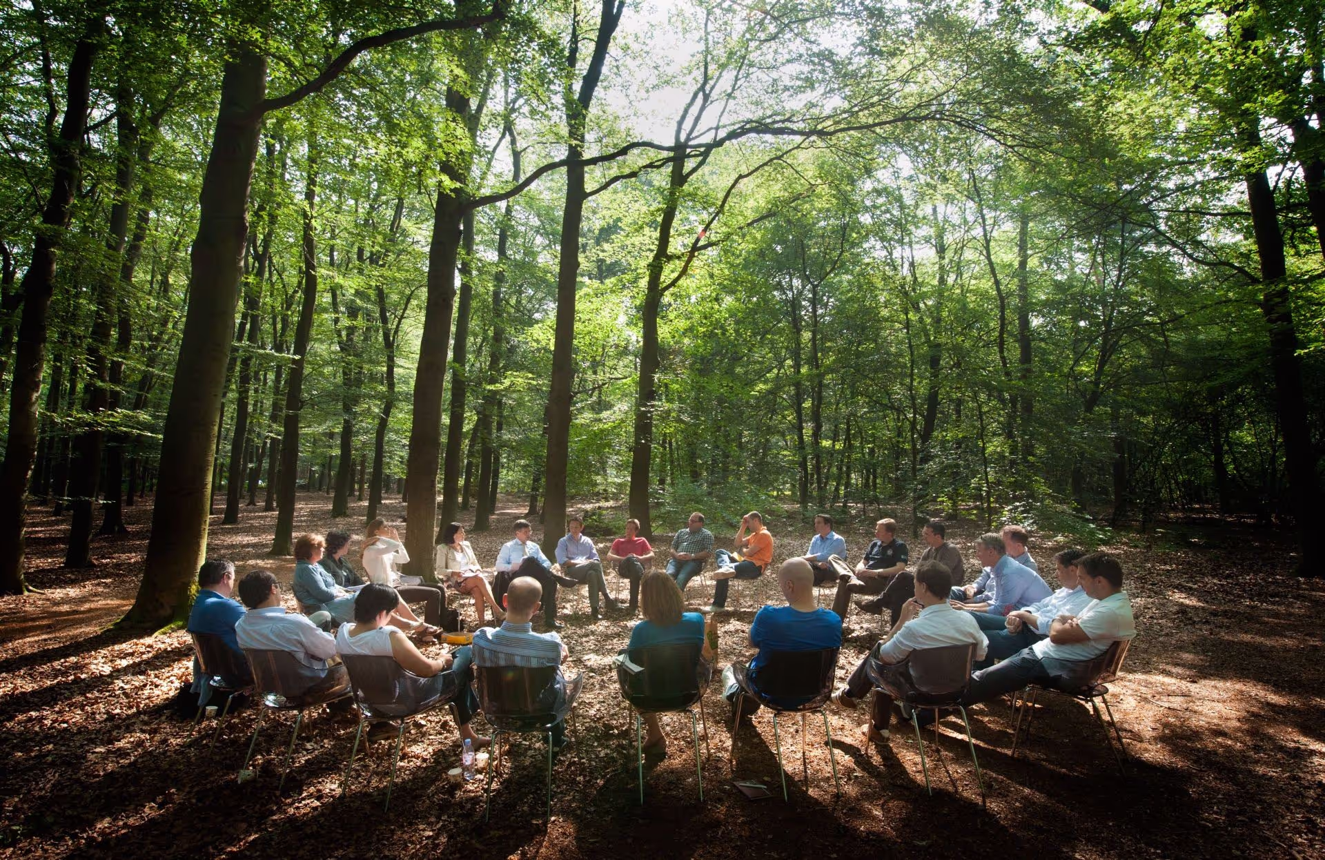 Brainstorm BuitenBusiness: Groep mensen in een kring zittend op een stoel midden in het bos