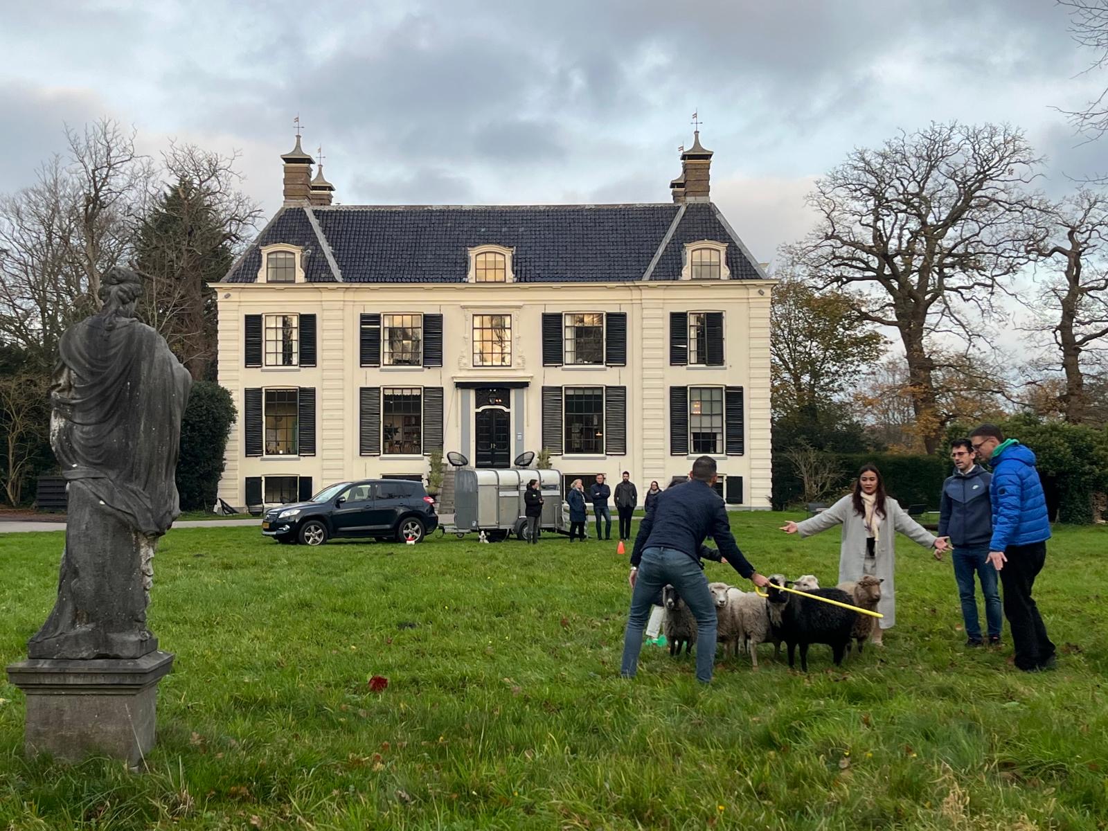 Een groep van circa 5 personen is bezig met een workshop schapendrijver. Op de achtergrond een wit landhuis en een aantal deelnemers die observeren.