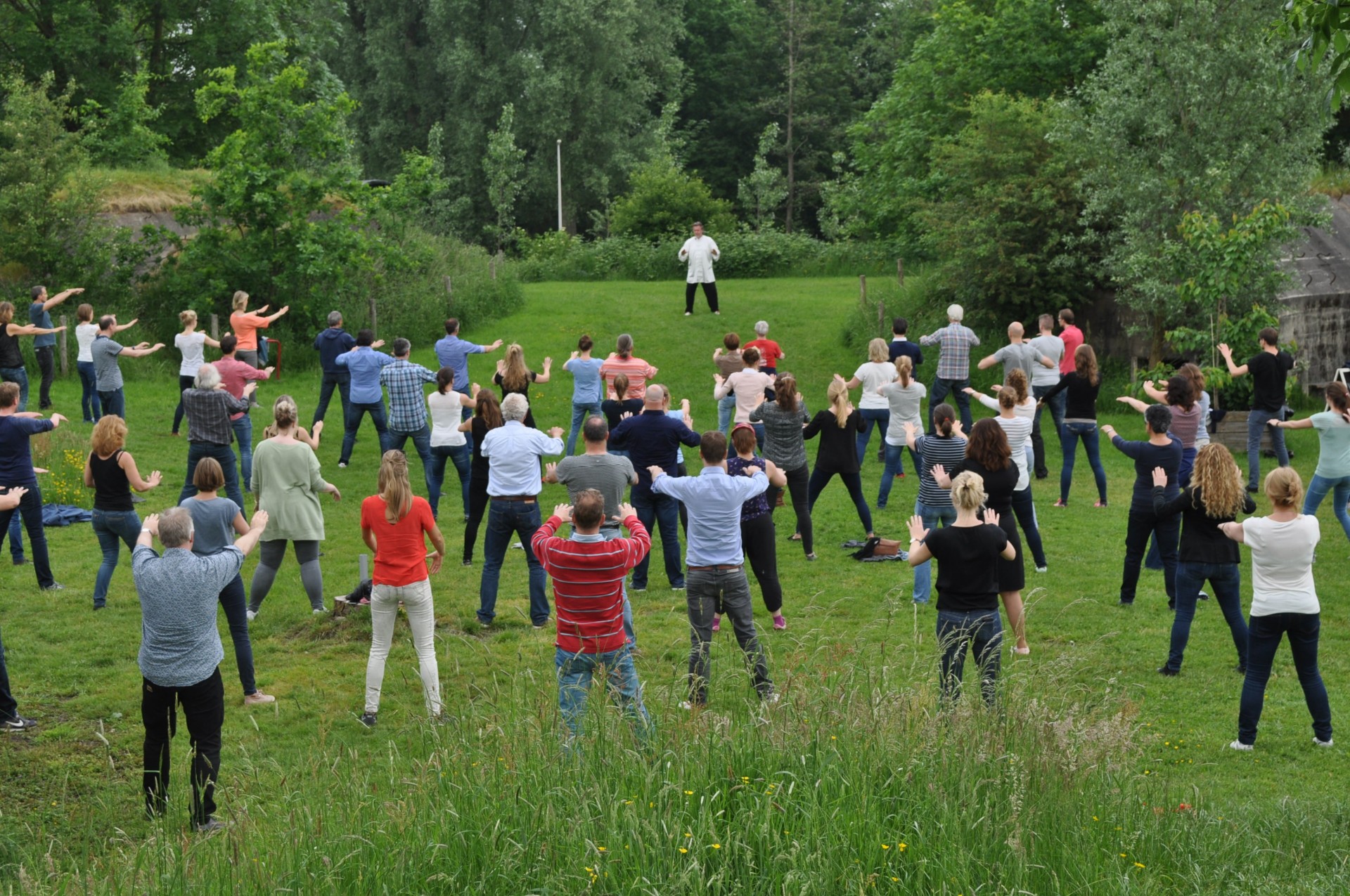 Tai Chi workshop op een grasveld met met de instructeur in een witte jas op de achtergrond