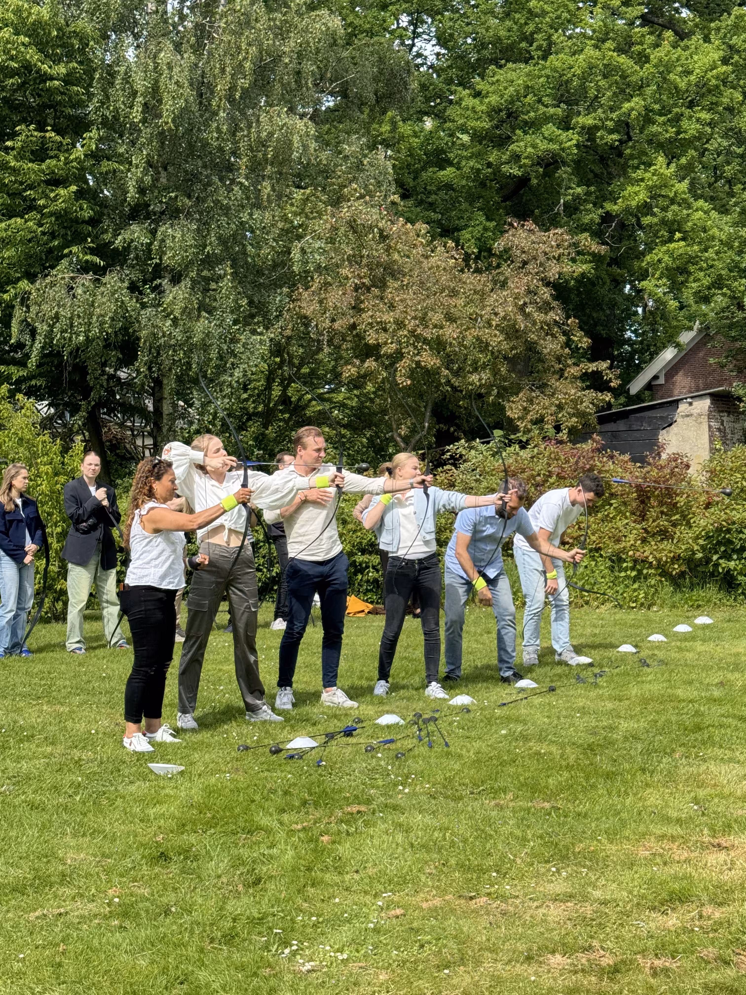 Zes personen staan achter witte pionnen en gaan met een pijl en boog schieten