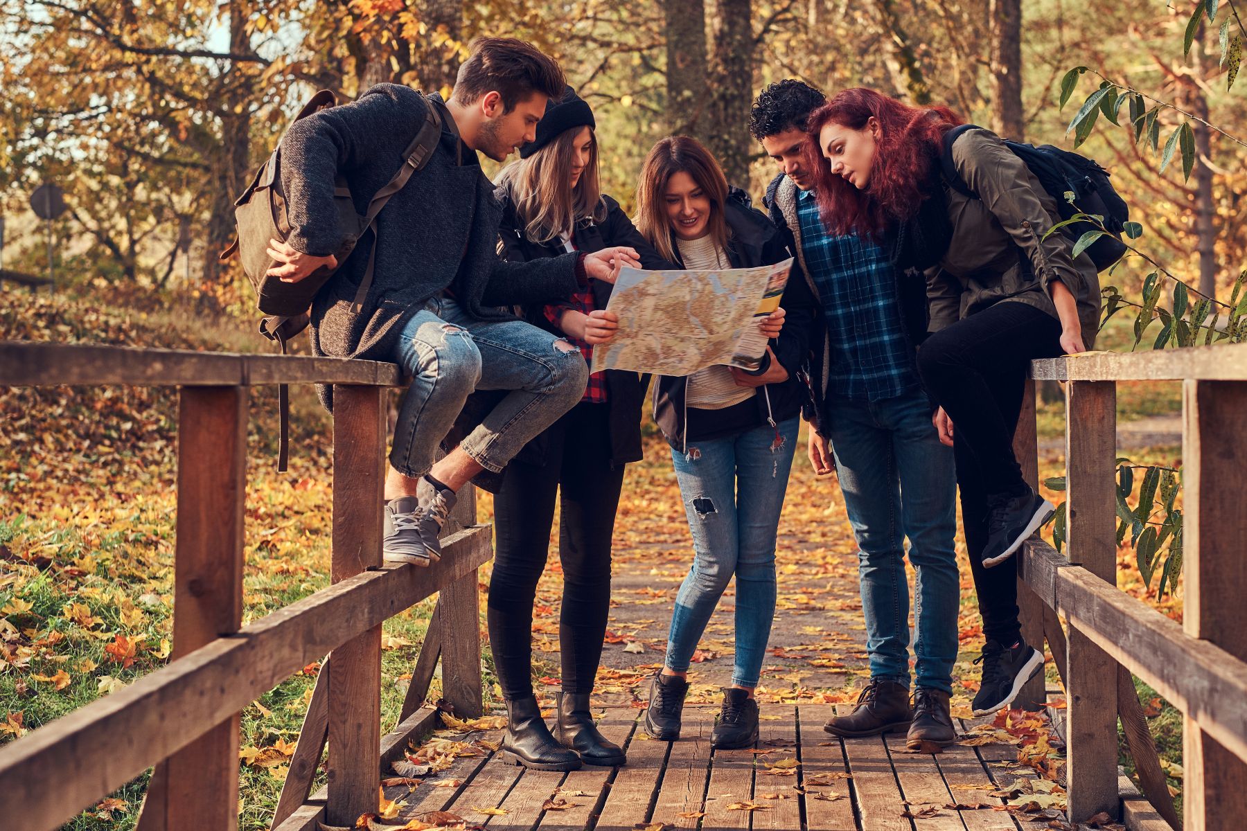Groep mensen staat in het bos op een brug en leest een kaart