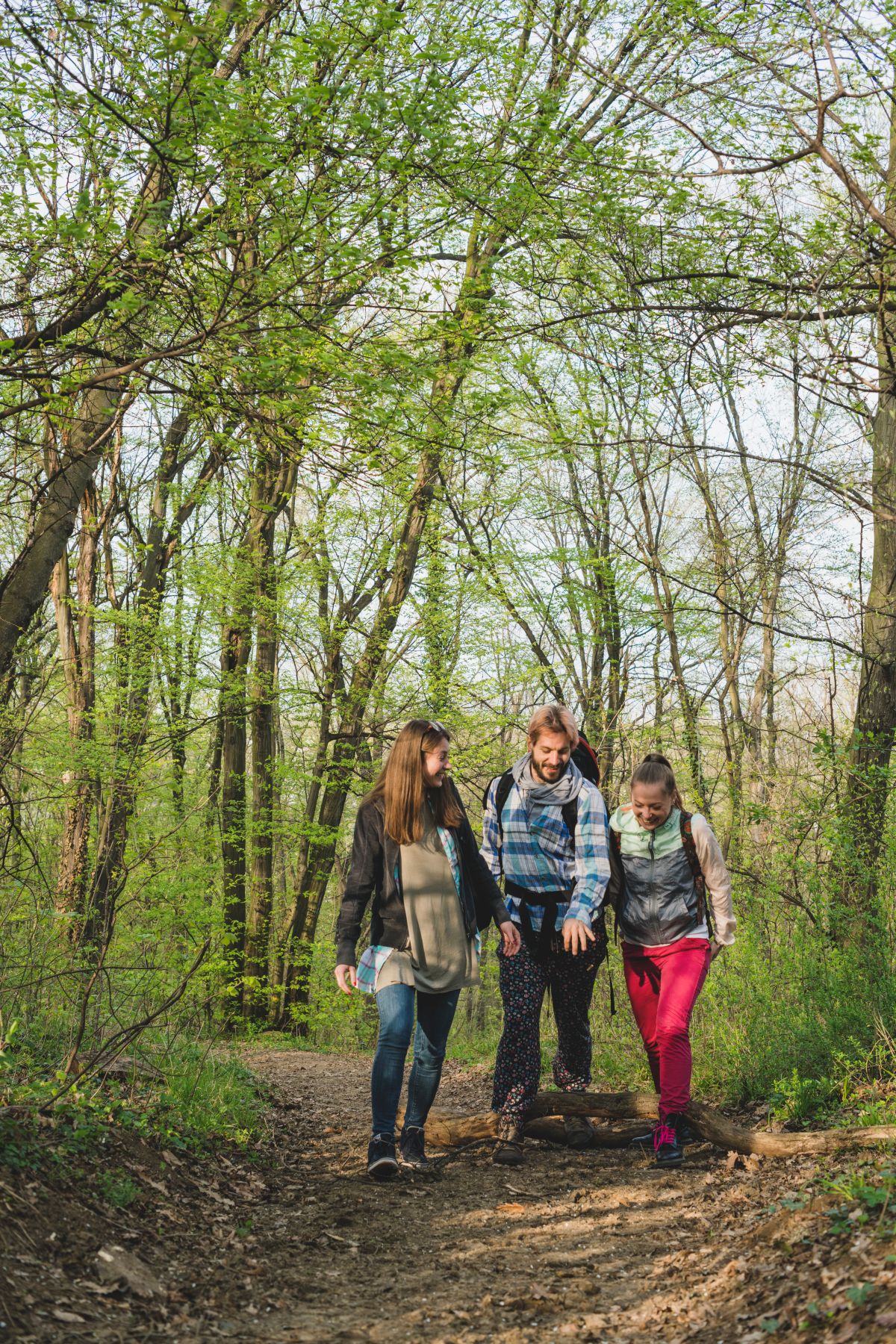 Dire mensen lopen in de natuur en lachen