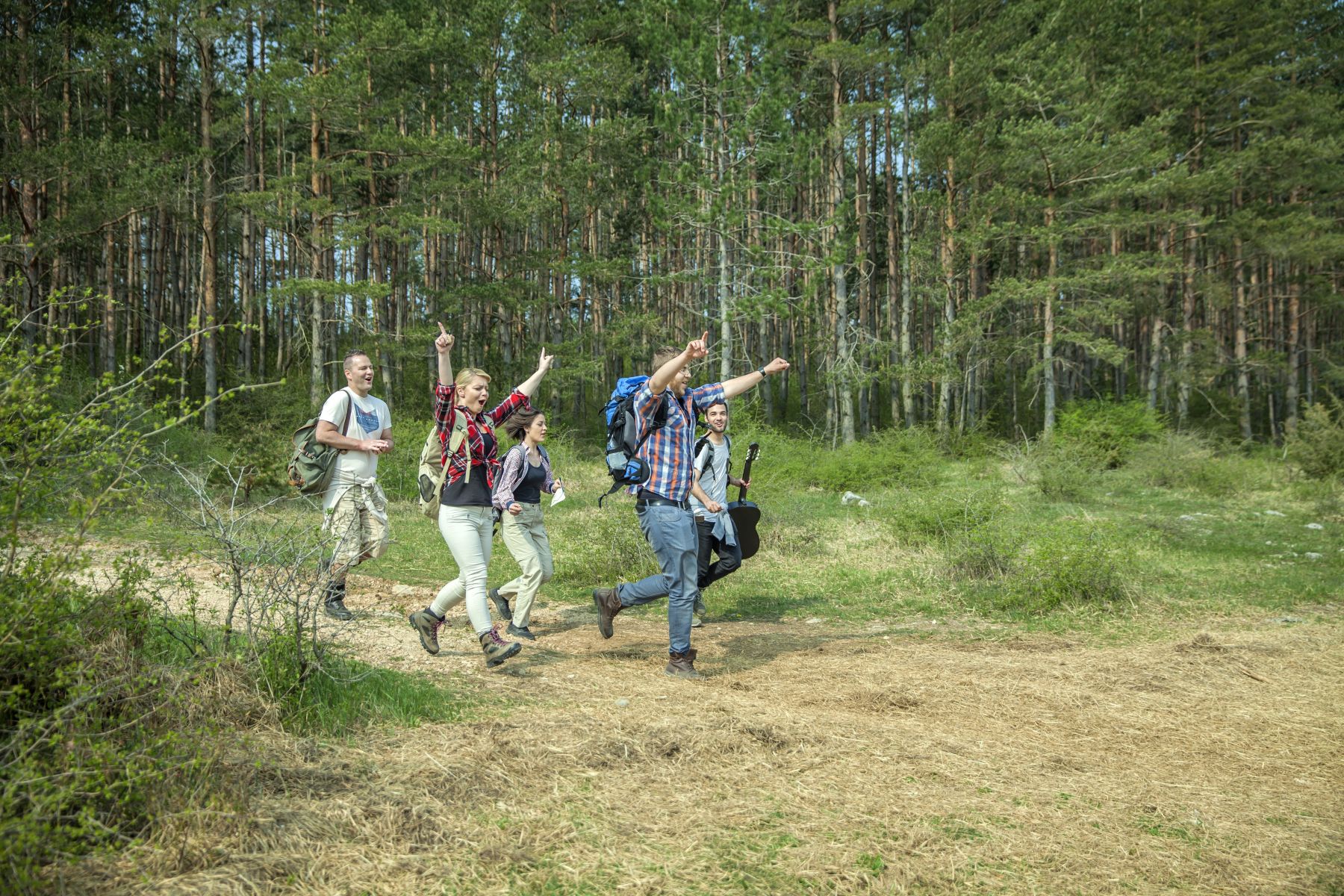 Vijf mensen zijn enthousiast en blij en lopen op een pad door het bos