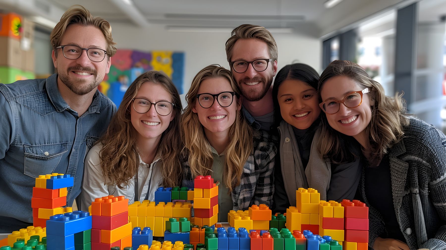 Zes mensen staan lachend achter een stapel grote lego duplo bokken