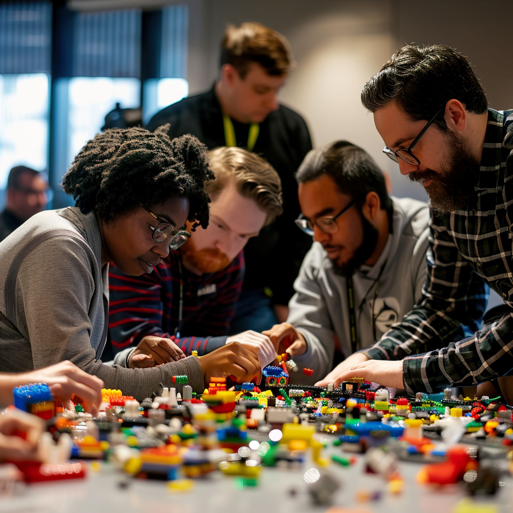 Vier mensen zitten aan tafel met een stapel lego stenen