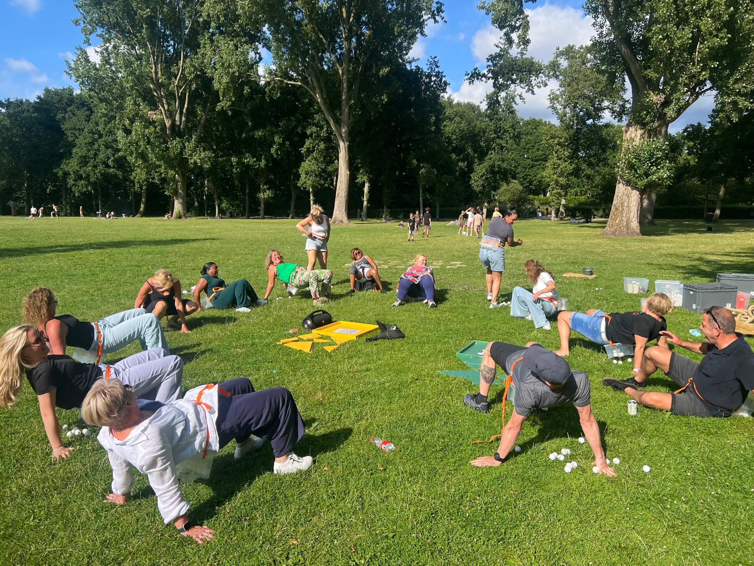 Groep mensen doen gekke opdrachten in het gras tijdens Alleskunner workshop door BuitenBusiness