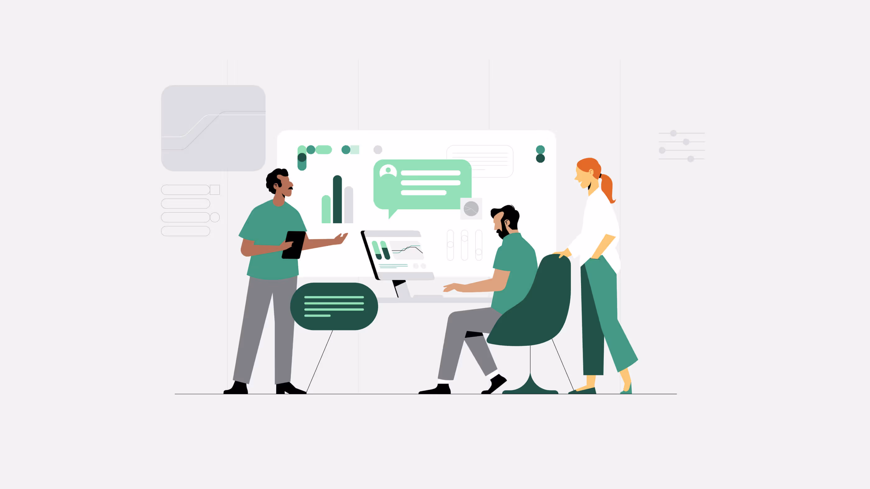 Mann presenterer en graf for to andre personer. Illustrasjon.