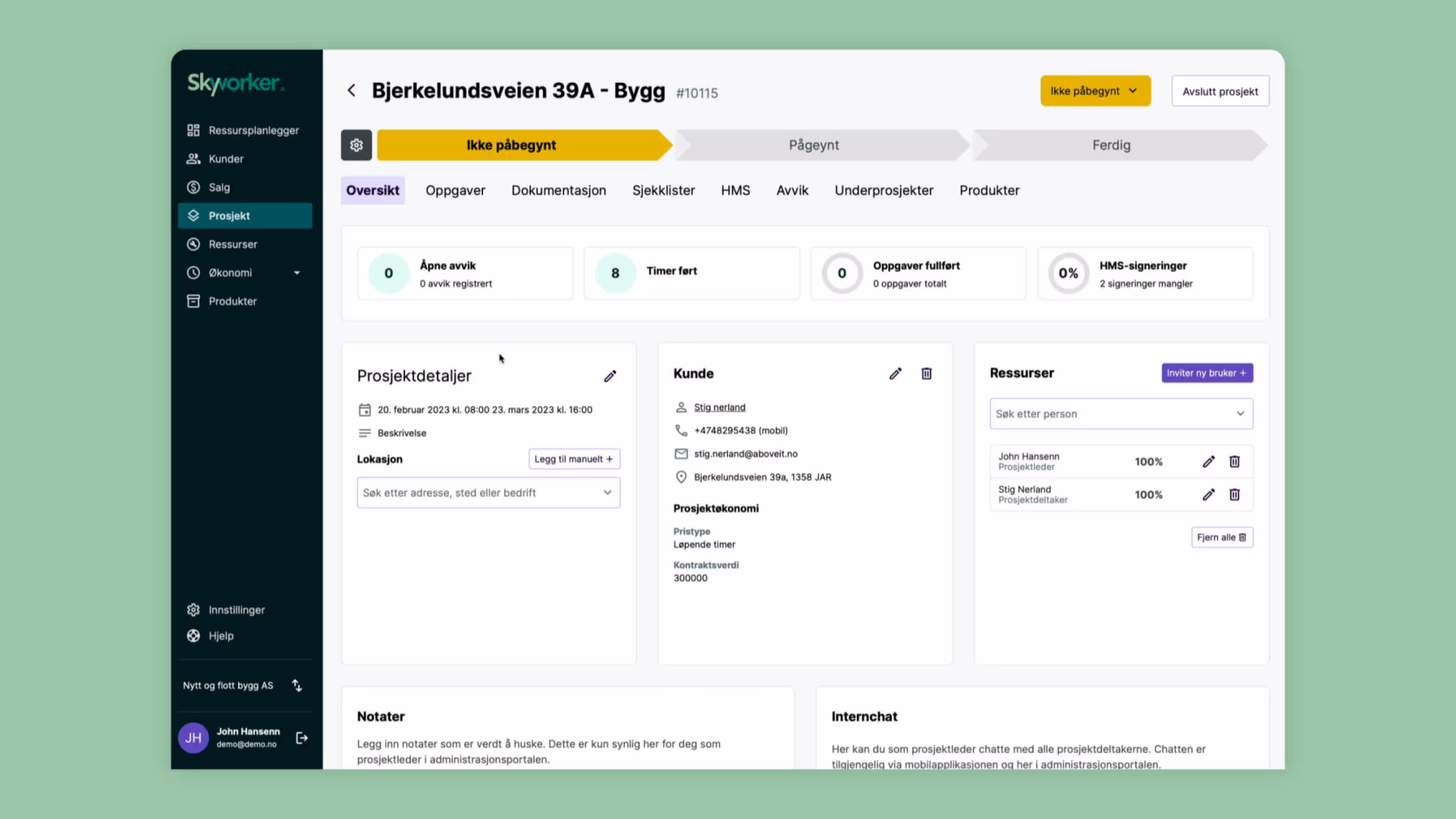 Skjermbilde av dashoboardet i web-appen