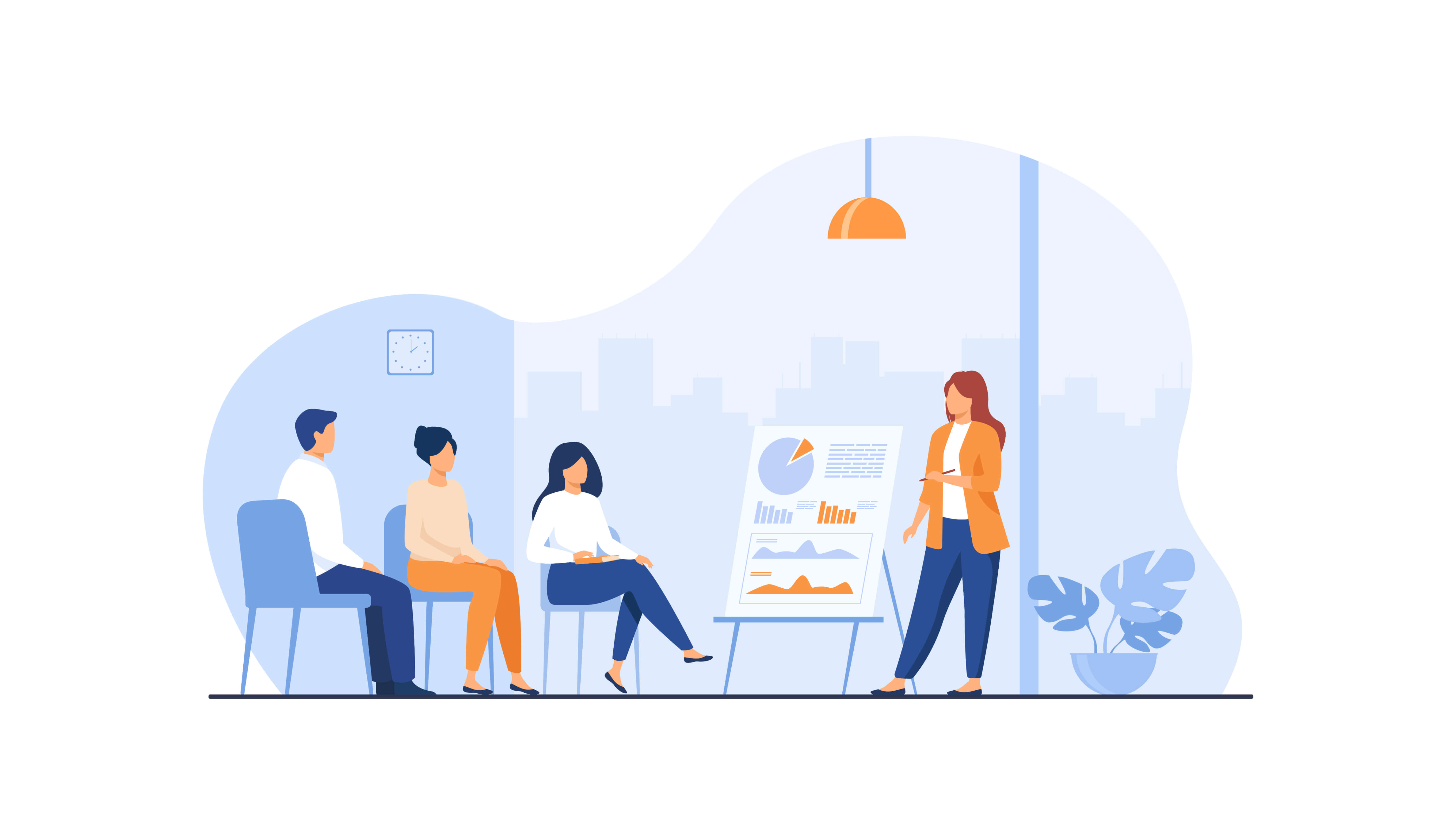 Woman presents graph to three other people. Illustration.