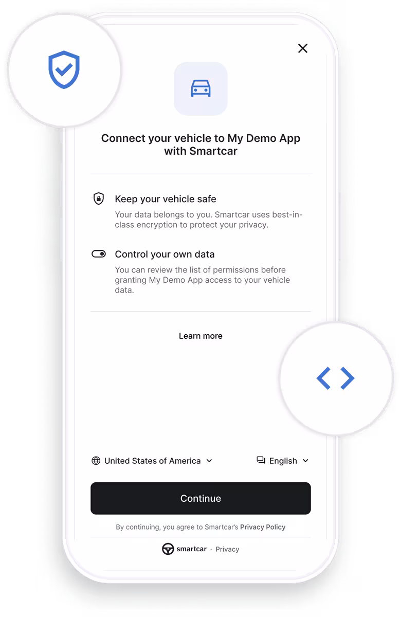 Connect to your users' vehicles seamlessly with Smartcar Connect, where users can securely grant your application access to their vehicle data.