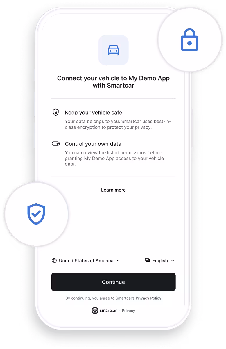 Connect to your users' vehicles seamlessly with Smartcar Connect, where users can securely grant your application access to their vehicle data.