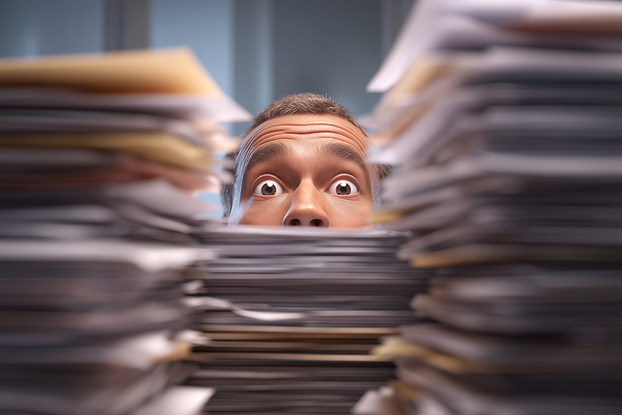 Stacks of documents and files piled high on a cluttered office desk, illustrating workflow overload and task management challenges.