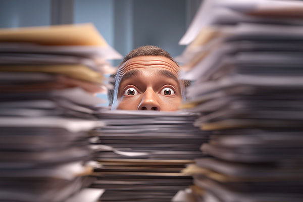 Stacks of documents and files piled high on a cluttered office desk, illustrating workflow overload and task management challenges.