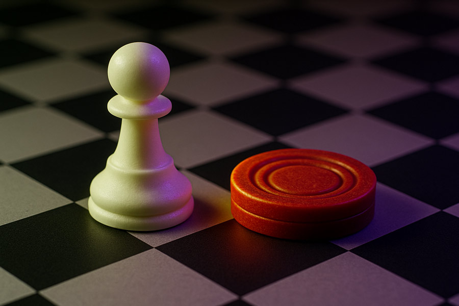 White chess pawn and red checkers piece on a black-and-white board, symbolizing contrasting strategies or methodologies in project management.