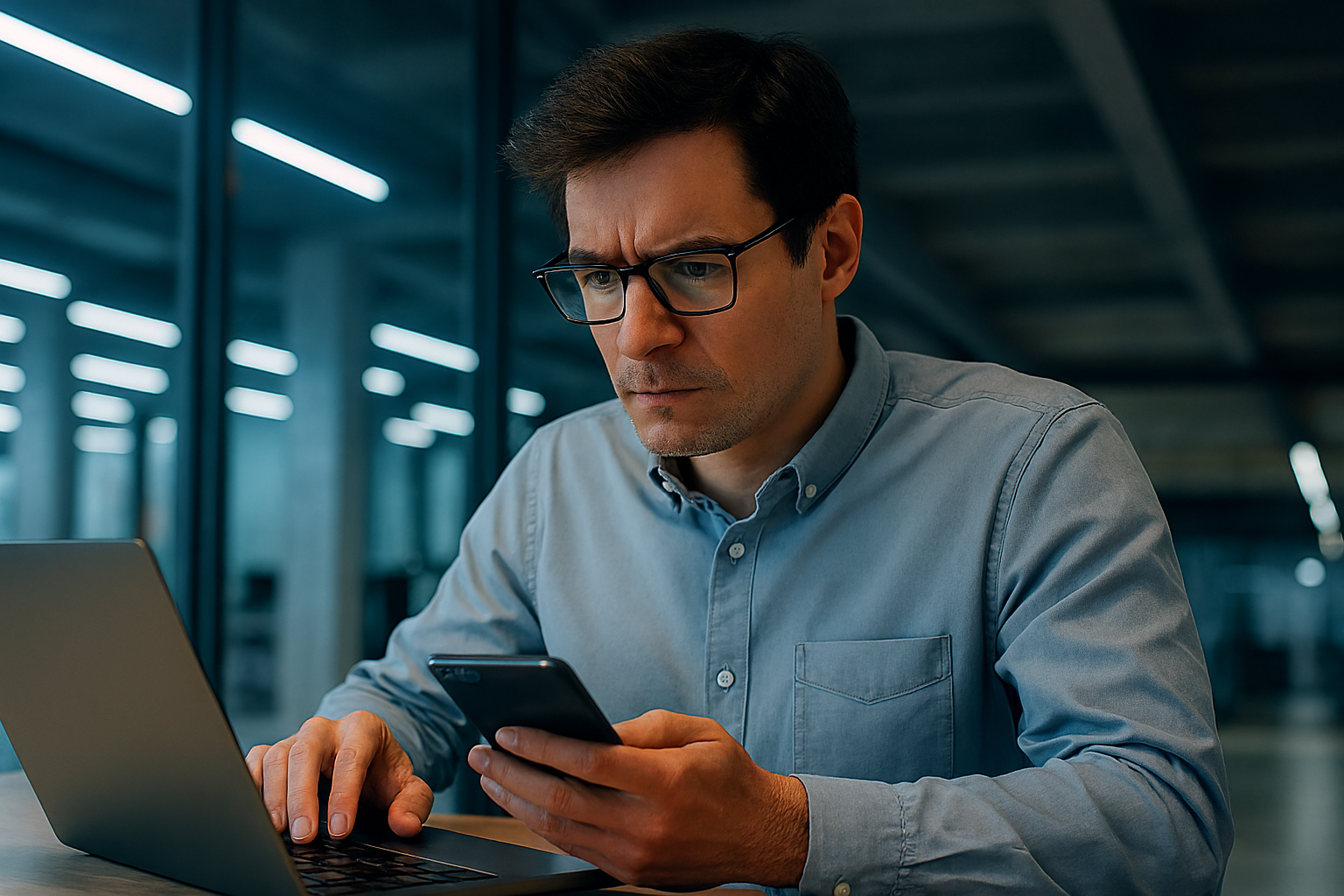 Focused professional in a modern tech office multitasking on a laptop and smartphone, illustrating digital overload and information management challenges in project workflows.