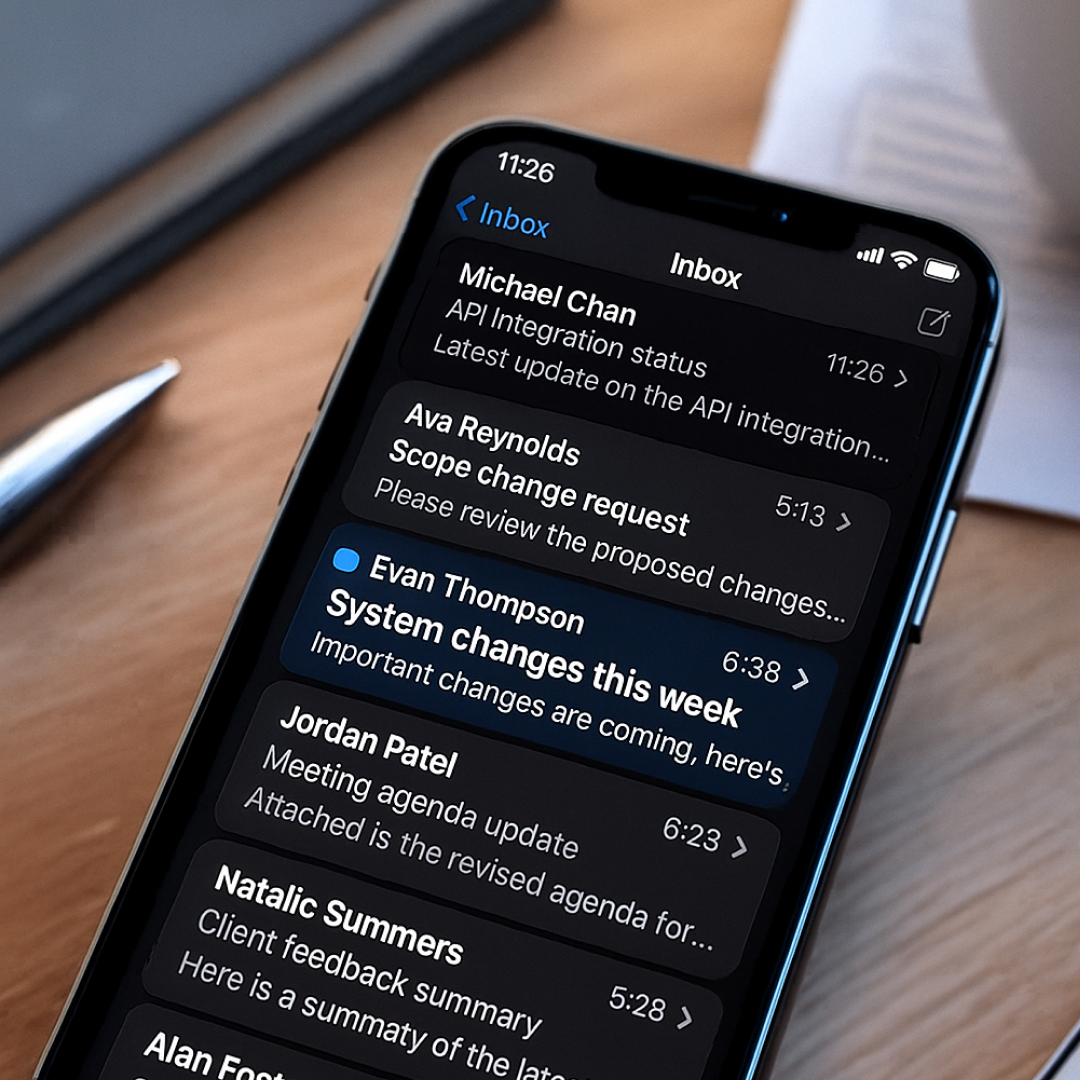 A close-up of an iPhone in dark mode showing multiple work emails. One important message about system changes is highlighted but still unopened, illustrating how critical communication often goes unread.