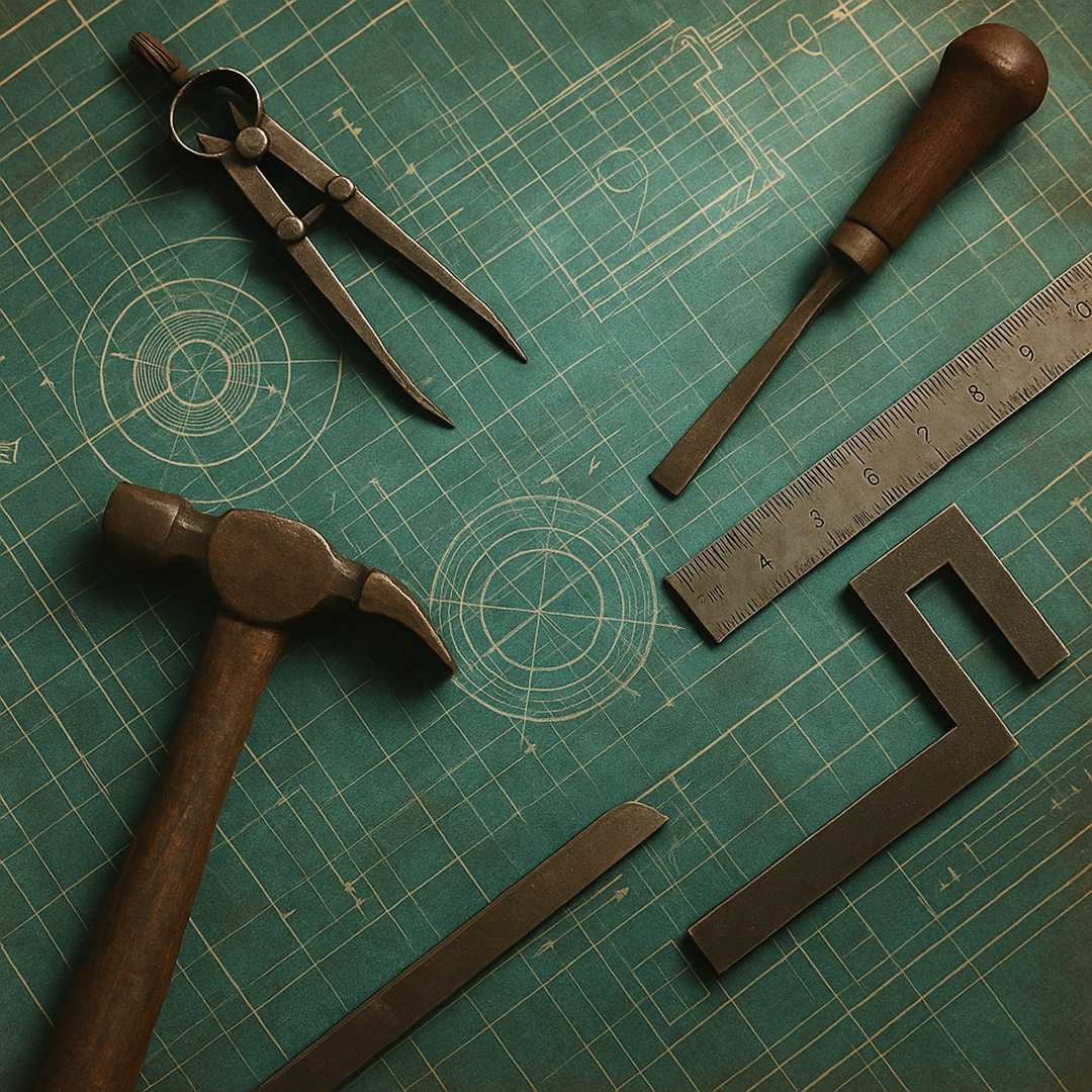 A set of vintage tools arranged on a green blueprint background, symbolizing project management essentials like planning, structure, workflows, and precise execution.