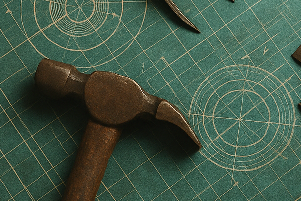 A set of vintage tools arranged on a green blueprint background, symbolizing project management essentials like planning, structure, workflows, and precise execution.