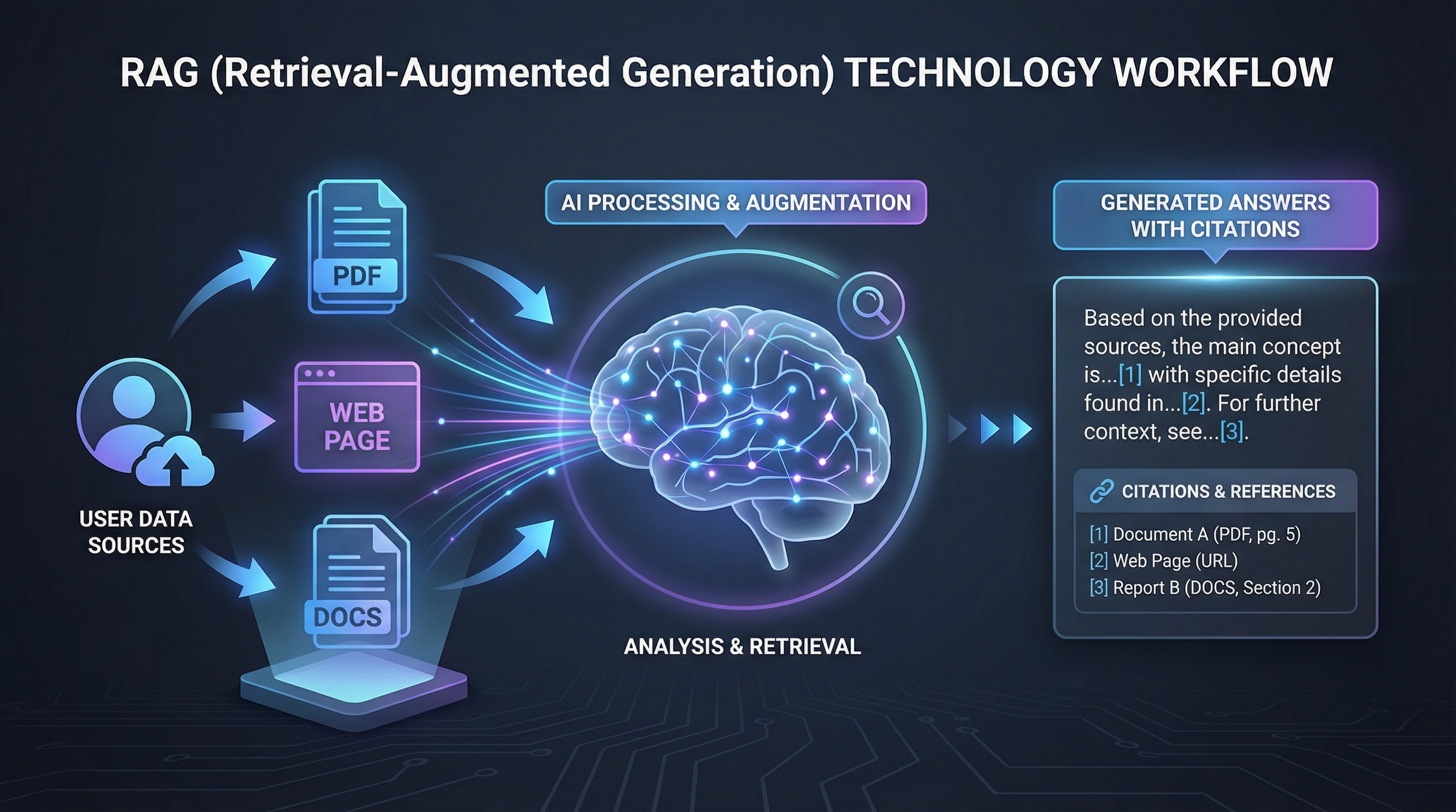 RAG(検索拡張生成)技術の仕組みを説明するインフォグラフィック