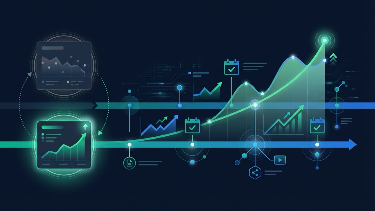 施策ログDBのイメージ。時系列で施策記録と定期計測が並び、効果判定が可視化される。