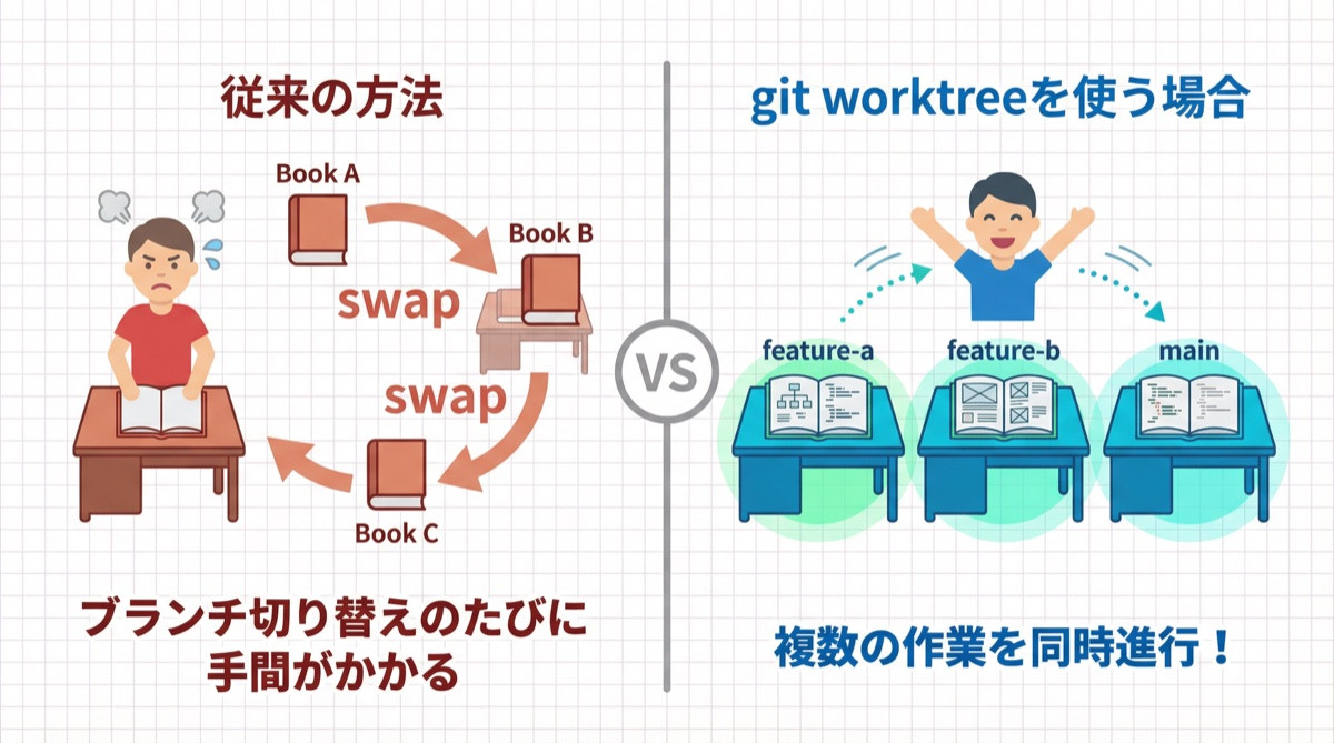 従来のcheckoutとgit worktreeの比較図解