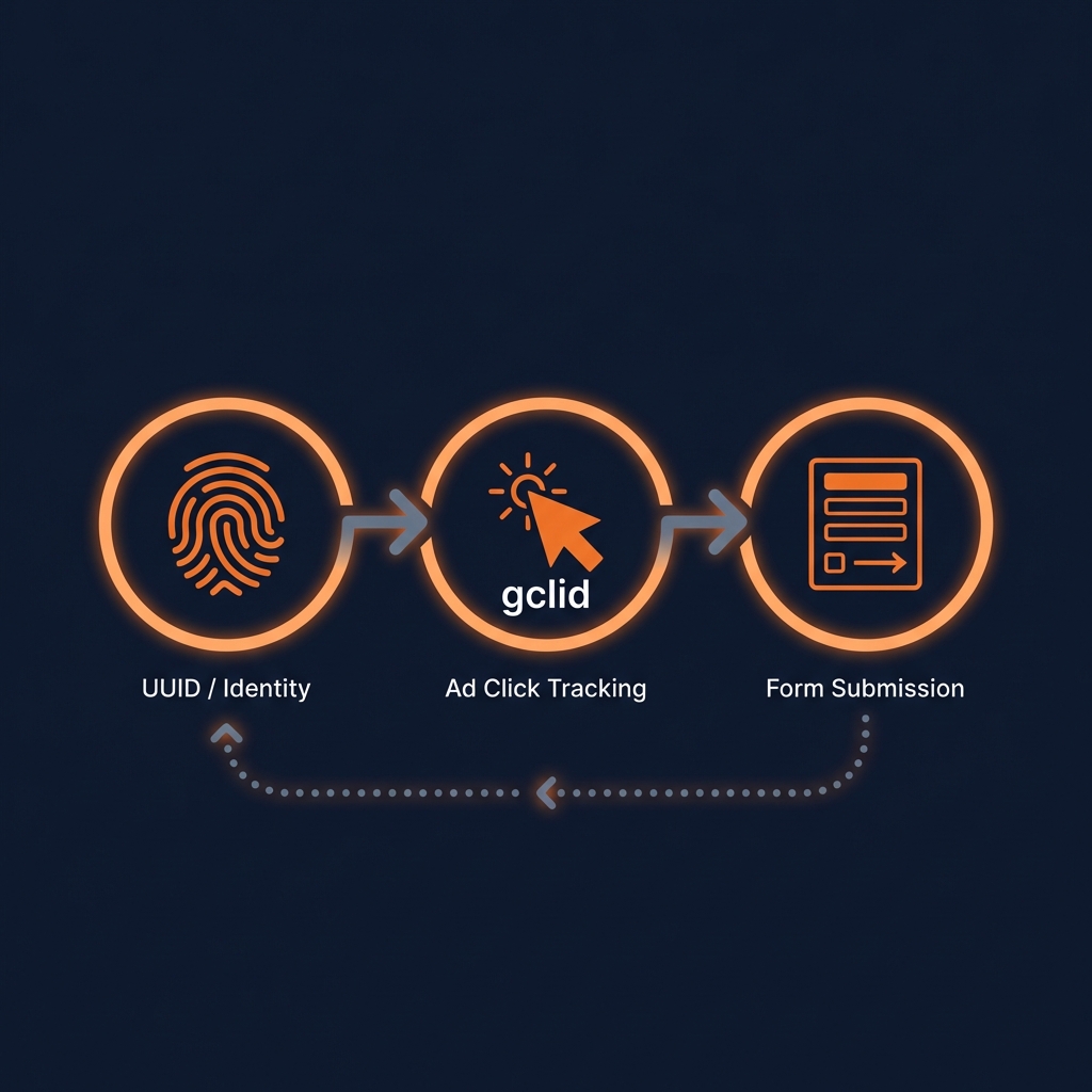 GTMカスタムHTMLタグ3つで作るリード追跡パイプライン - UUID生成、広告クリック追跡、フォーム送信の3ステップを示すフロー図