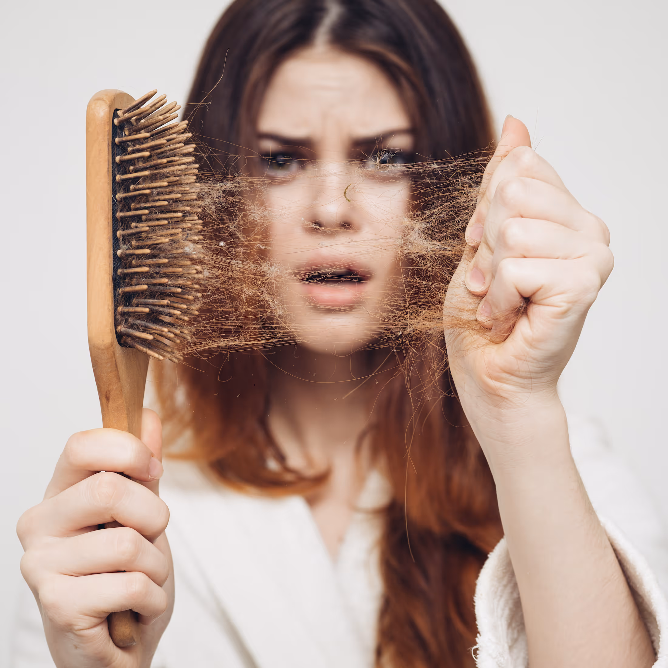 Hair Loss Surgery. Woman holding up a hairbrush looking at it in disbelief as she realizes the amount of hair that has come off her head.