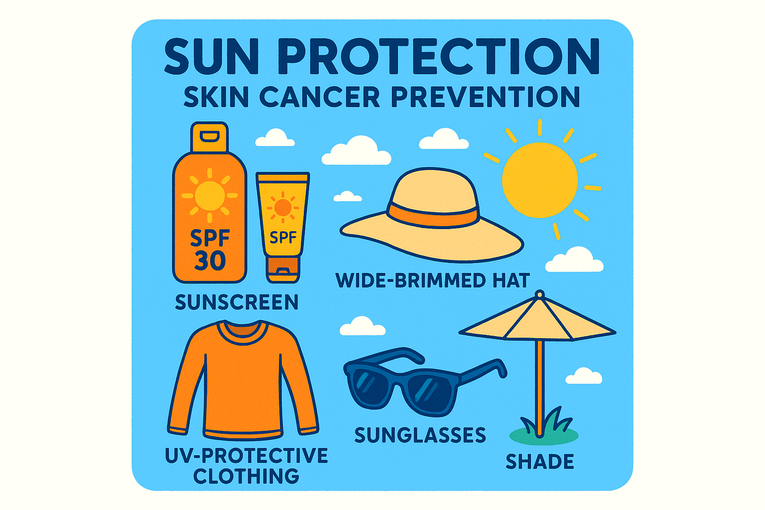  Create a 1024x1024 square illustration showing sun protecti
