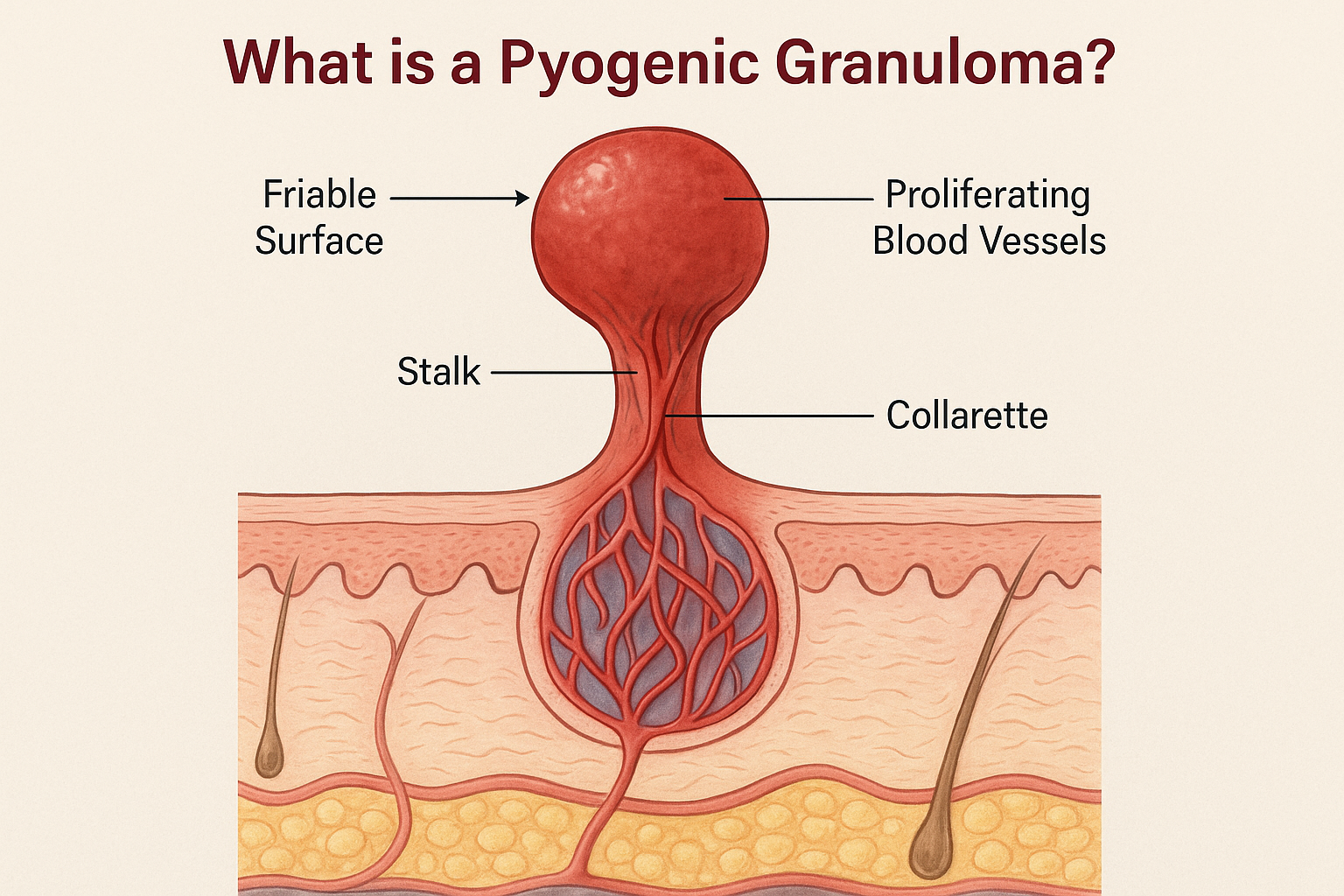Medical illustration in 1024x1024 square format showing the anatomy of a pyogenic granuloma in cross-section. Show skin layers with a pedunc