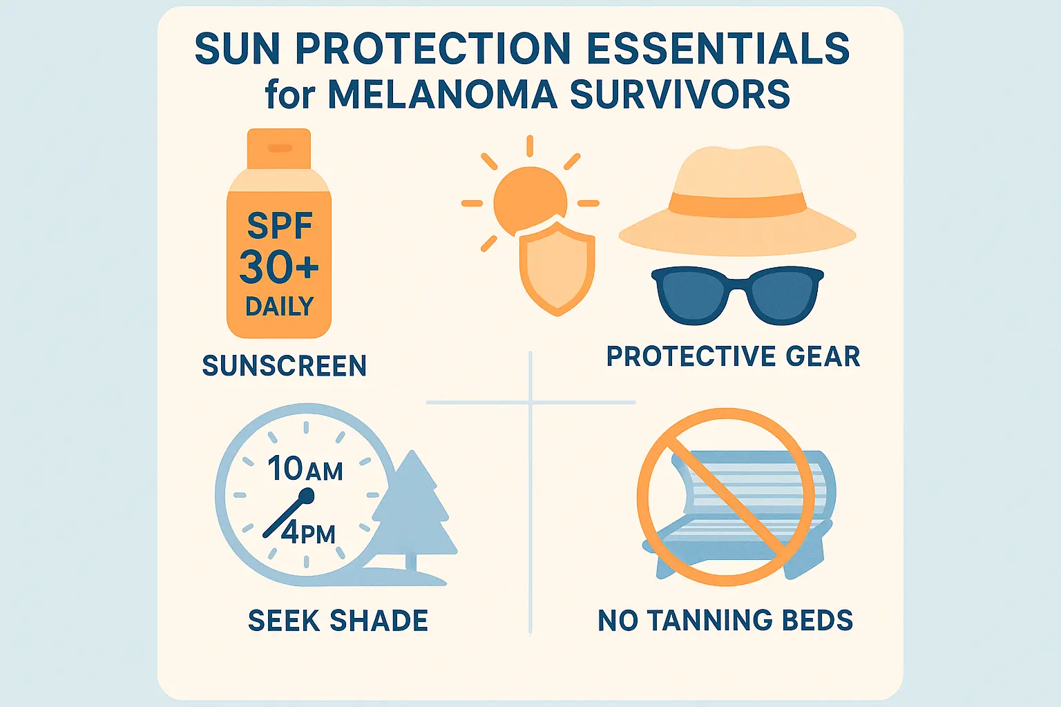 Square 1024x1024 image showing "Sun Protection Essentials for Melanoma Survivors". Four quadrants with simple, clear illustrations: top left