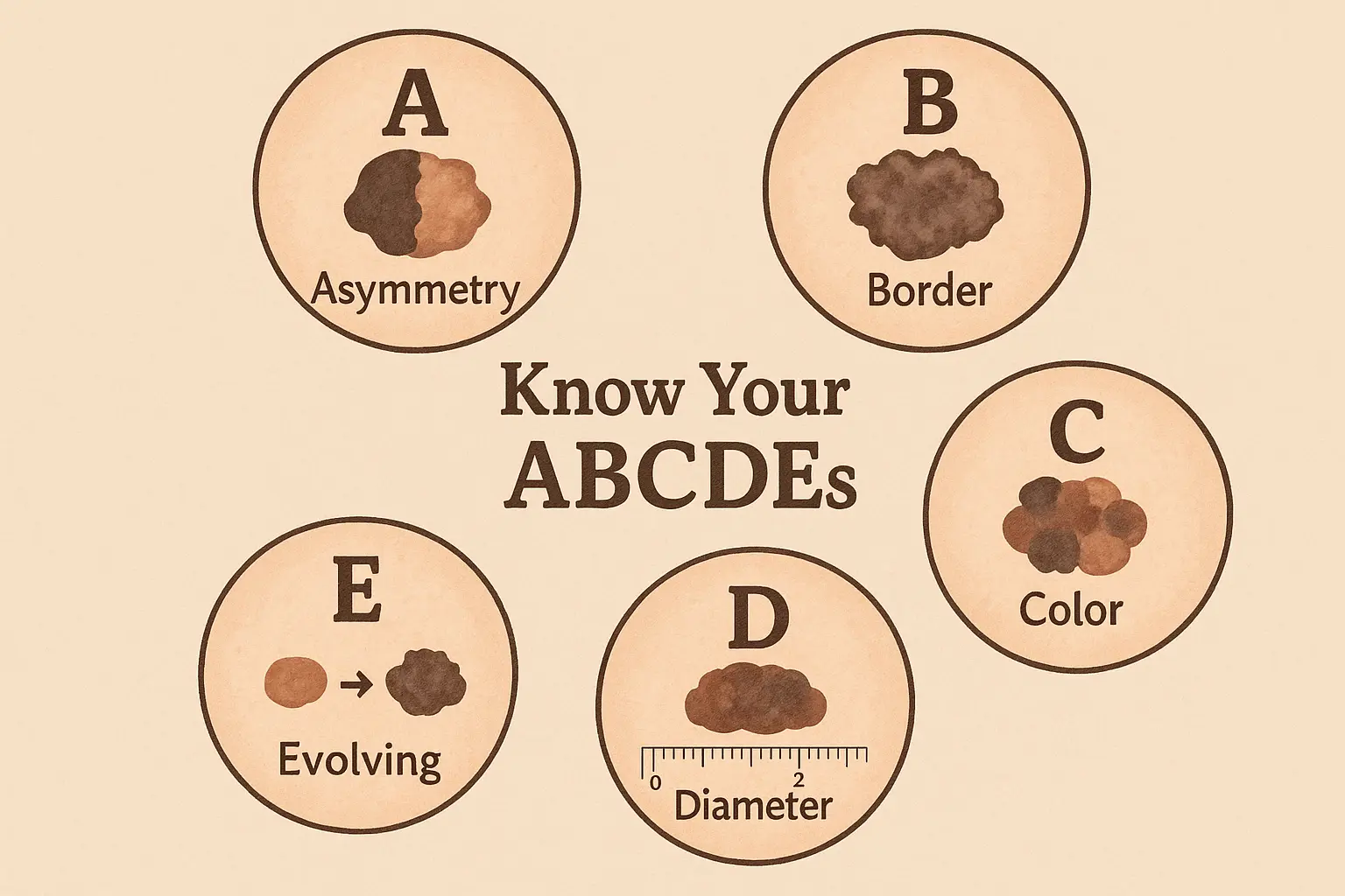 Square 1024x1024 illustration showing the ABCDE rule for melanoma detection. Five circular sections arranged in a flower pattern, each conta
