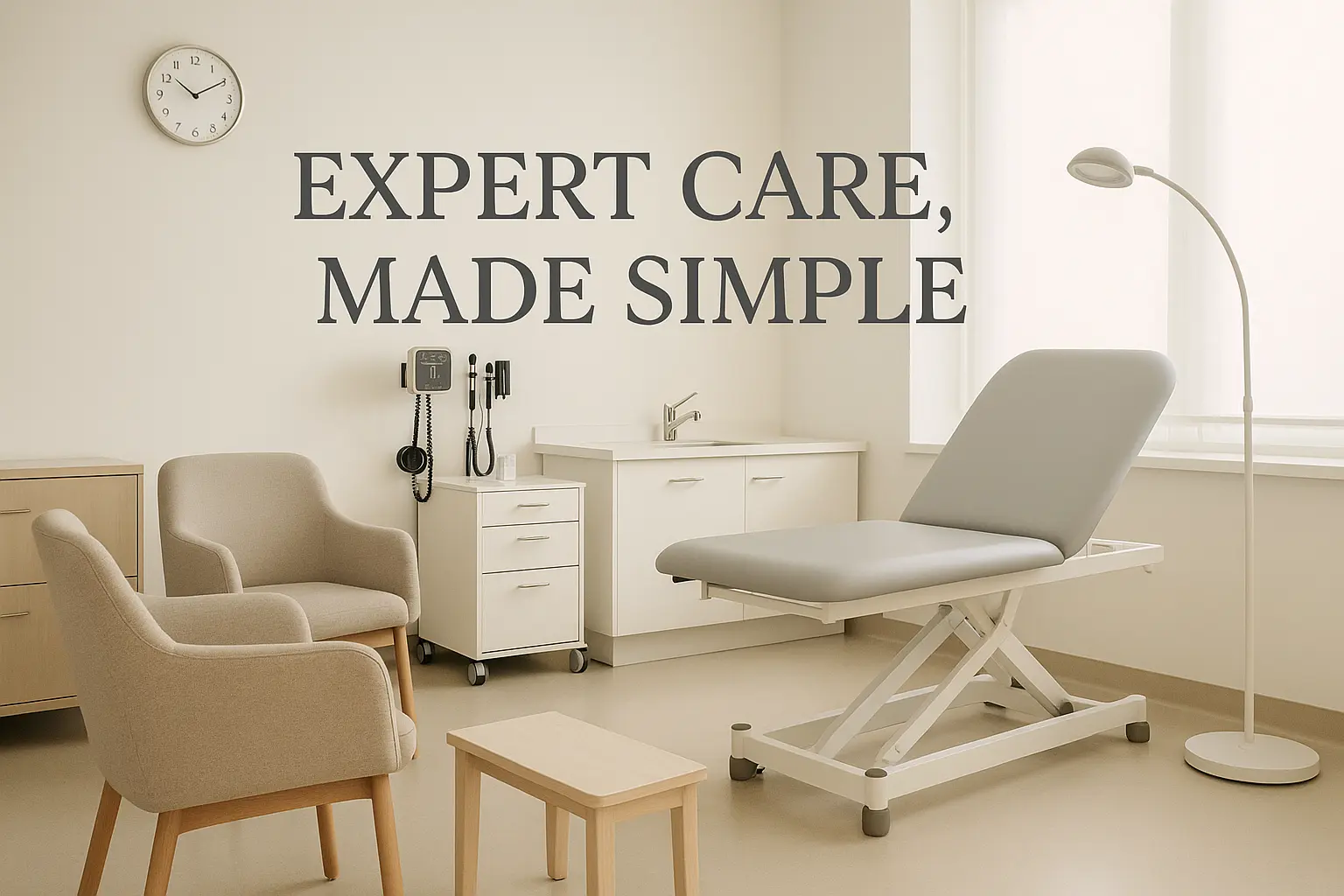 1536x1024 landscape format calming image of a modern, clean medical consultation room with comfortable seating and professional medical equi