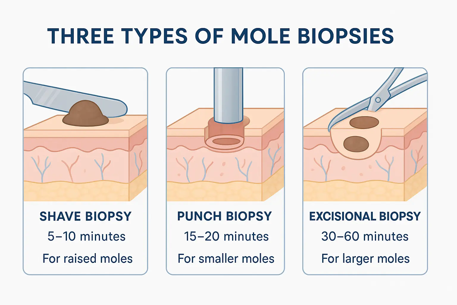 1536x1024 landscape infographic showing the three types of mole biopsies: shave biopsy, punch biopsy, and excisional biopsy. Use clean, medi